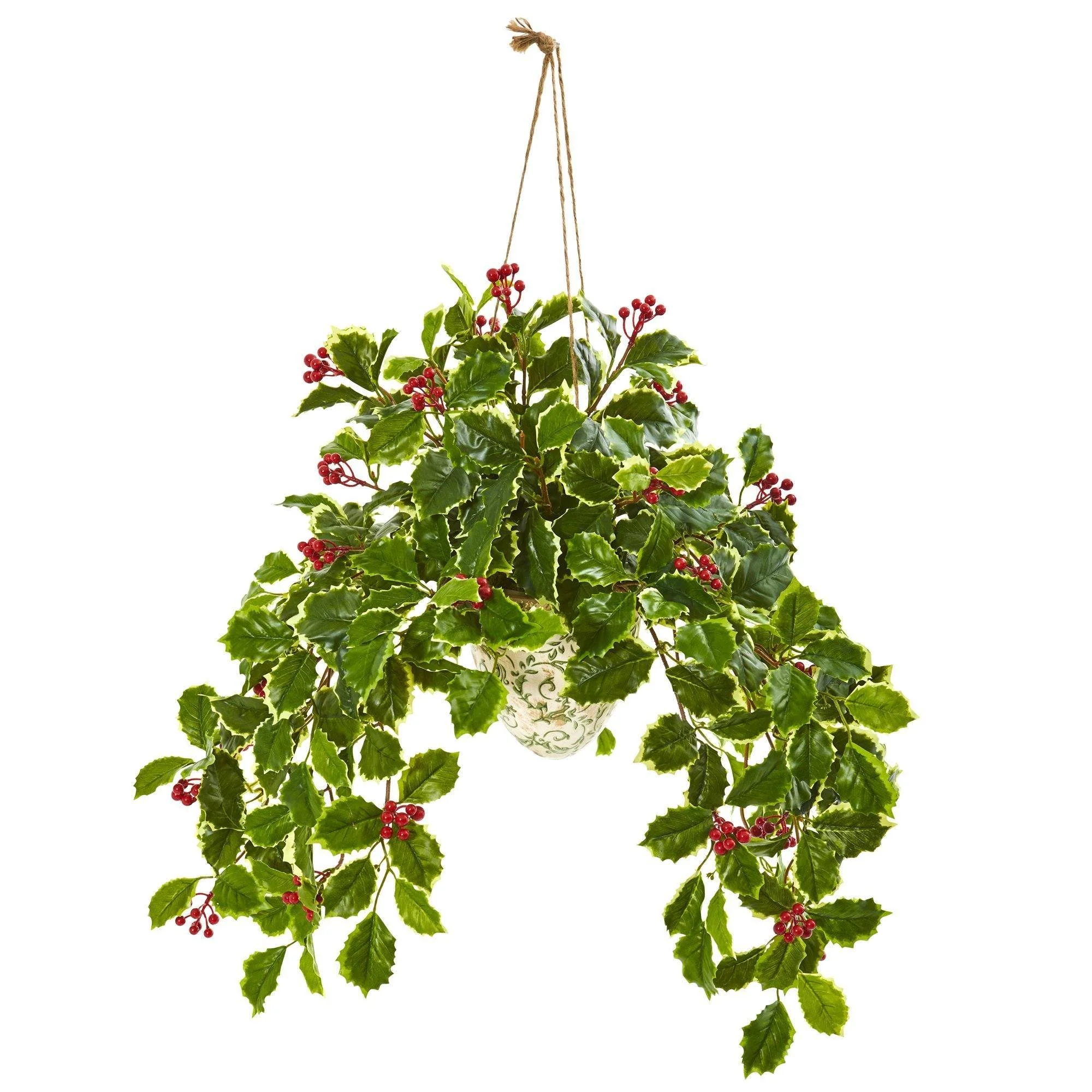 30” Variegated Holly Berry Artificial Plant in Hanging Vase (Real Touch) - Image 2