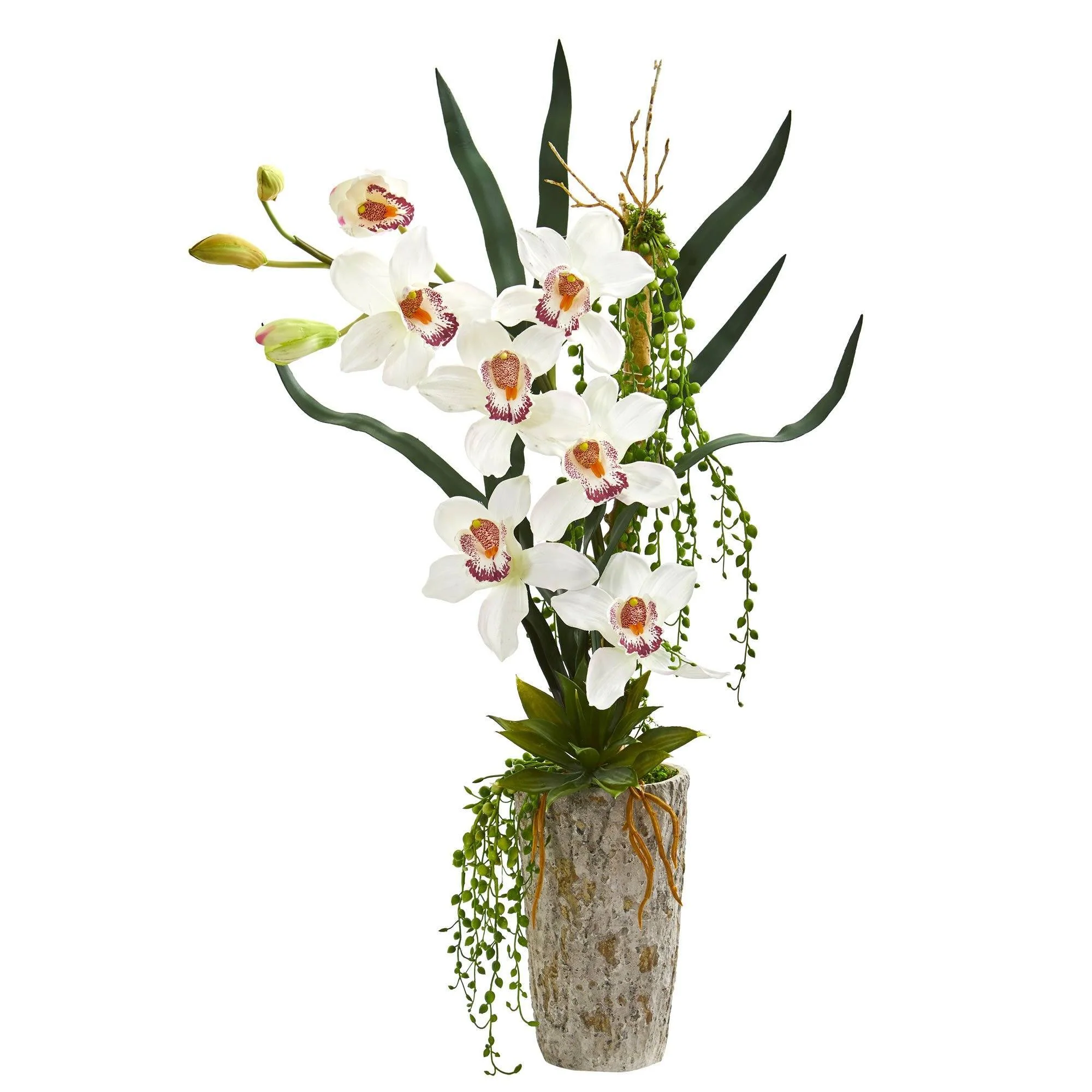 Cymbidium Orchid Artificial Arrangement in Planter - Image 2