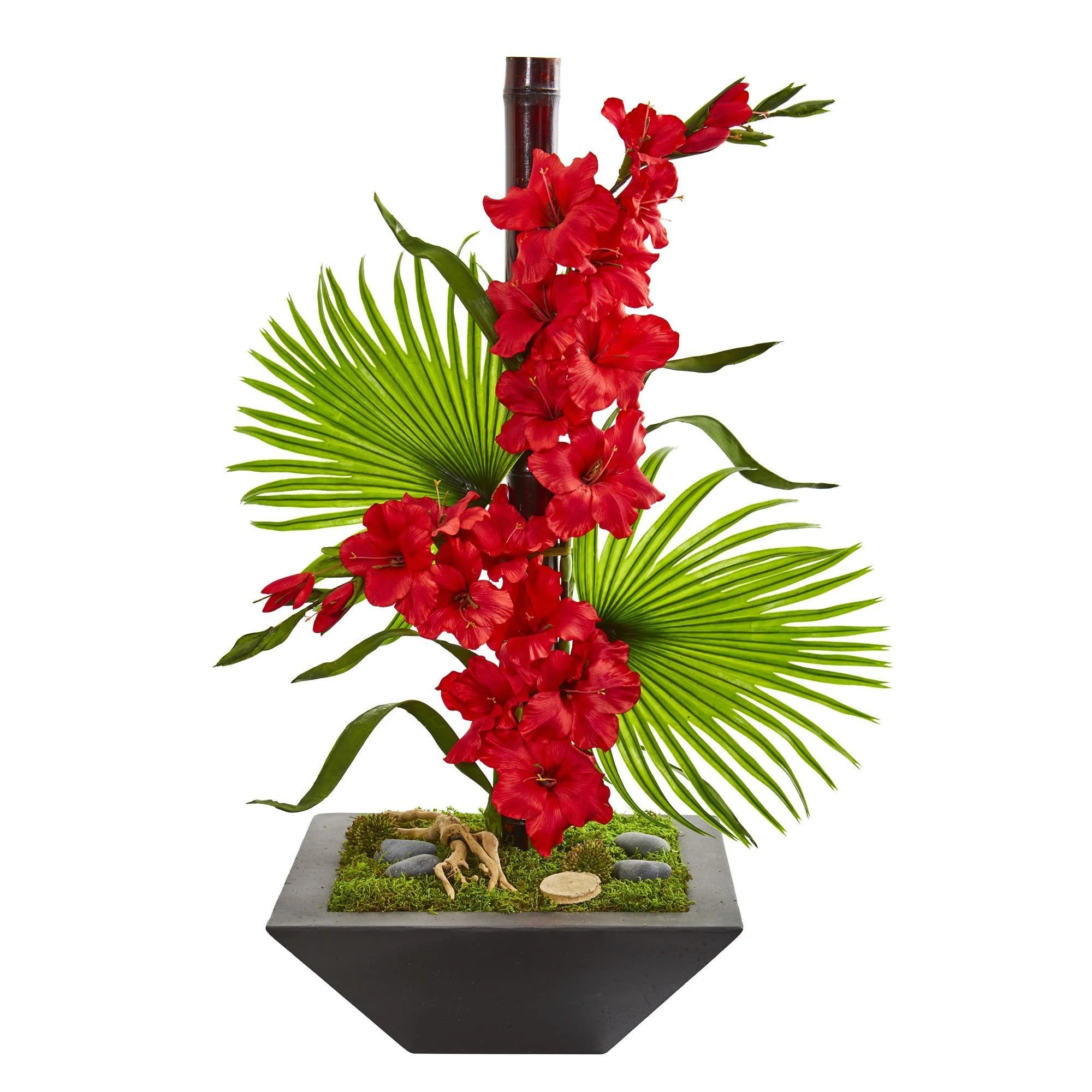 Gladiolas and Fan Palm Artificial Arrangement in Black Vase - Image 2