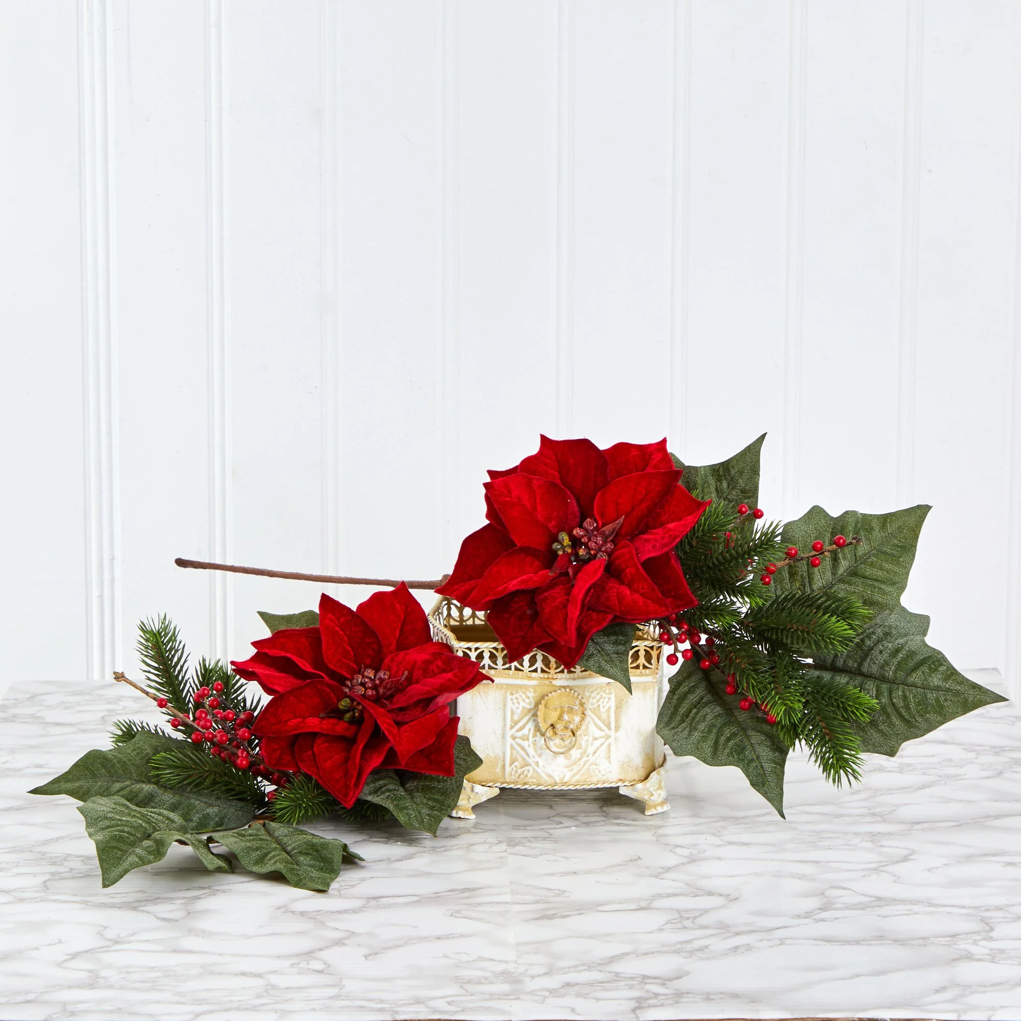 31” Poinsettia, Berries and Pine Artificial Flower Bundle (Set of 3) - Image 3