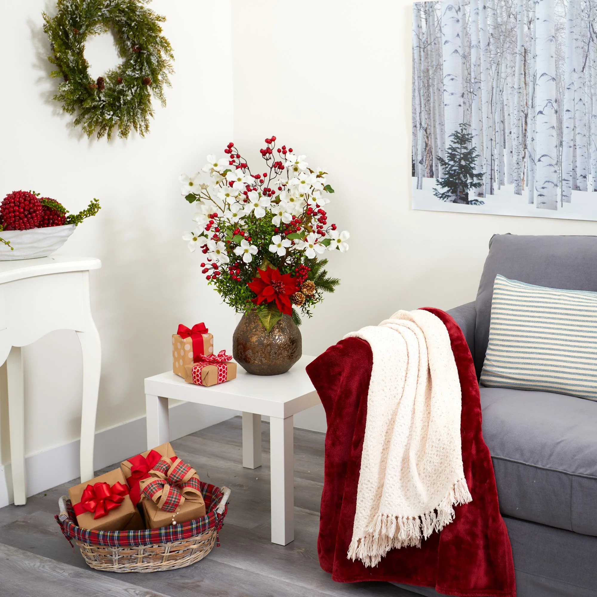 31” Poinsettia, Dogwood and Berry Artificial Arrangement in Designer Vase - Image 3