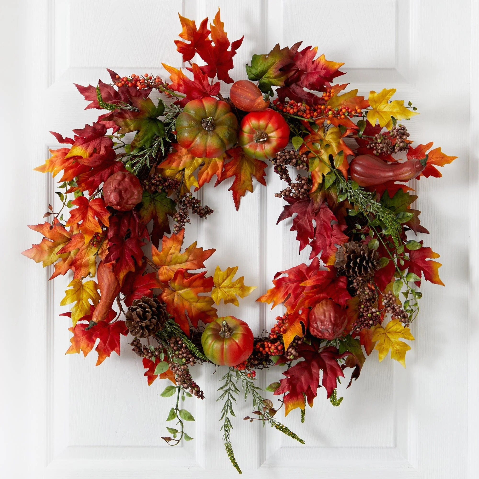 32” Autumn Maple Leaf, Pumpkin and Berries Artificial Fall Wreath - Image 2