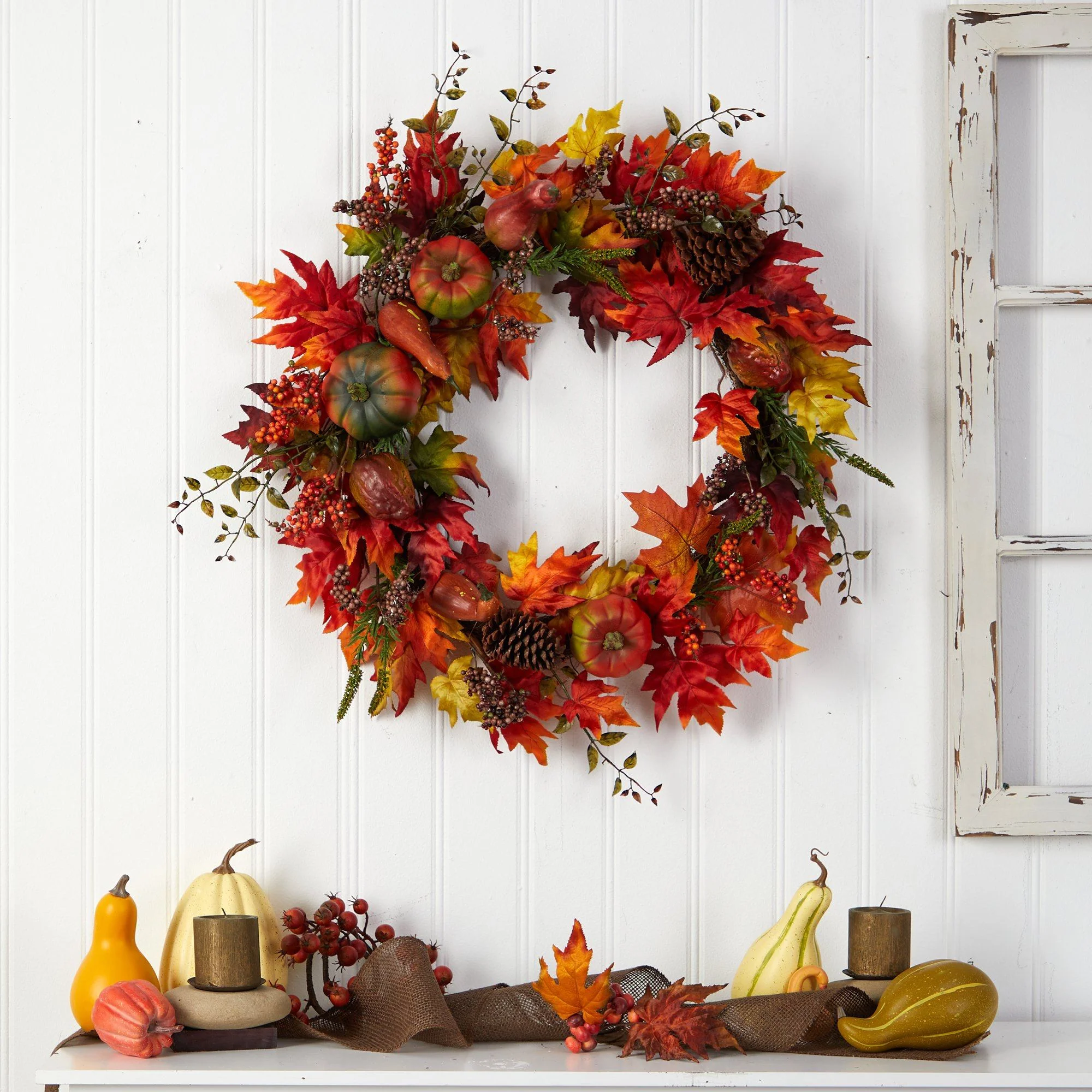 32” Autumn Maple Leaf, Pumpkin and Berries Artificial Fall Wreath - Image 5