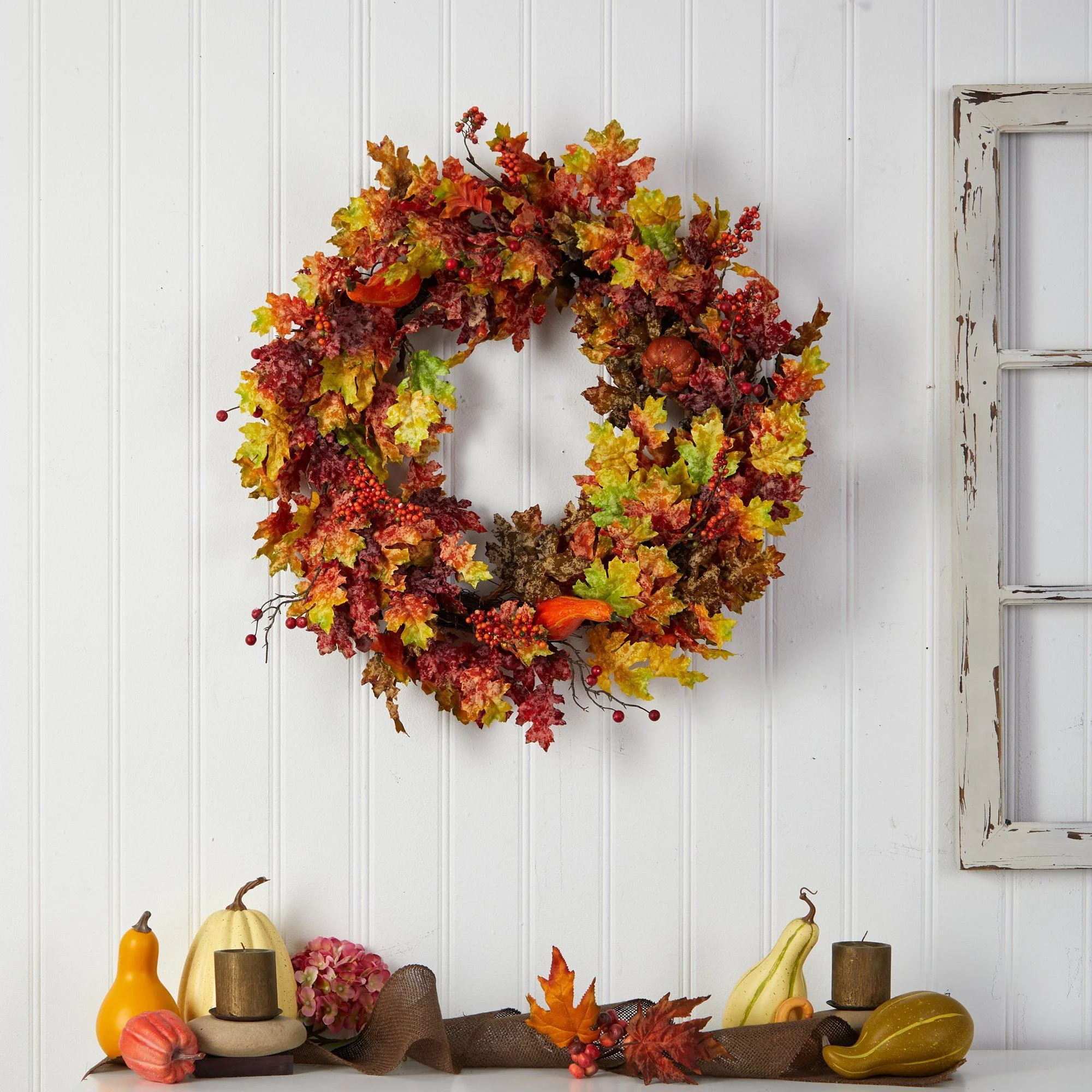 32” Autumn Oak Leaf, Berries and Pumpkin Artificial Autumn Wreath - Image 4