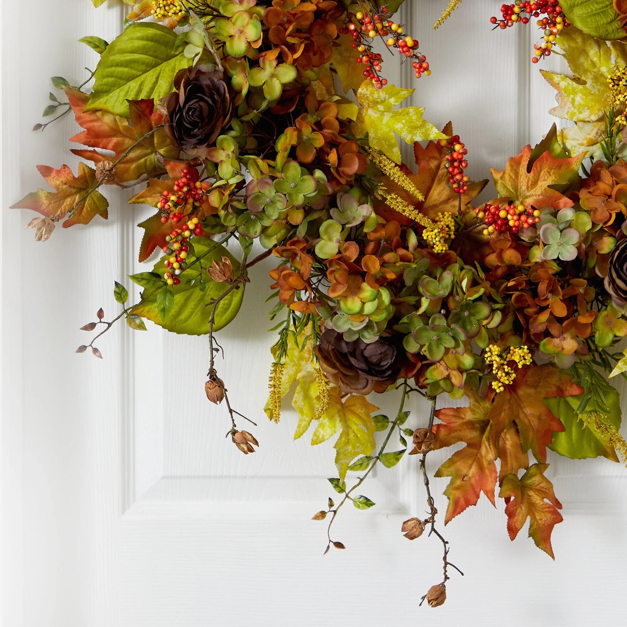32” Fall Hydrangea, Ranunculus and Maple Leaf Autumn Artificial Wreath - Image 2