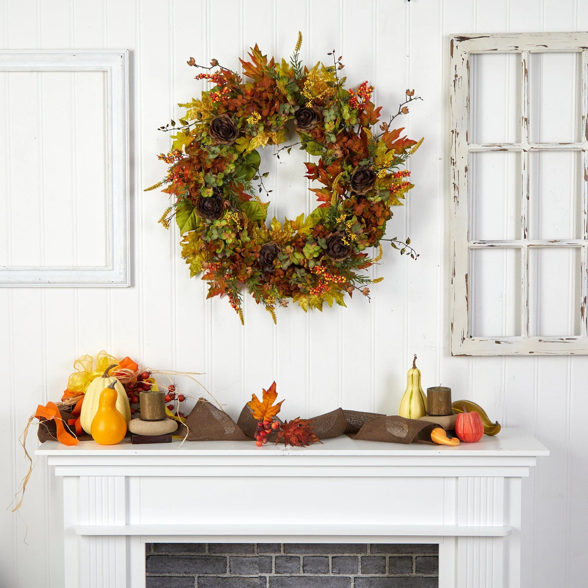 32” Fall Hydrangea, Ranunculus and Maple Leaf Autumn Artificial Wreath - Image 3