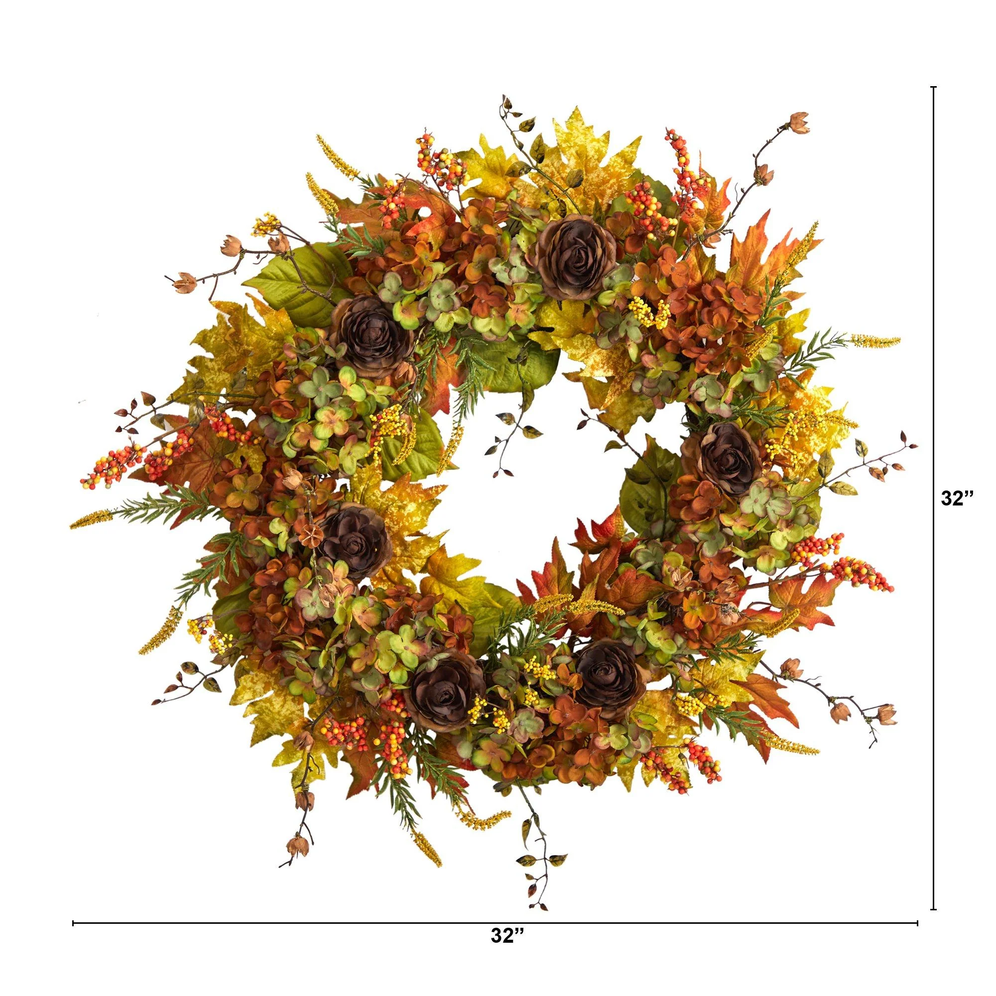 32” Fall Hydrangea, Ranunculus and Maple Leaf Autumn Artificial Wreath - Image 4