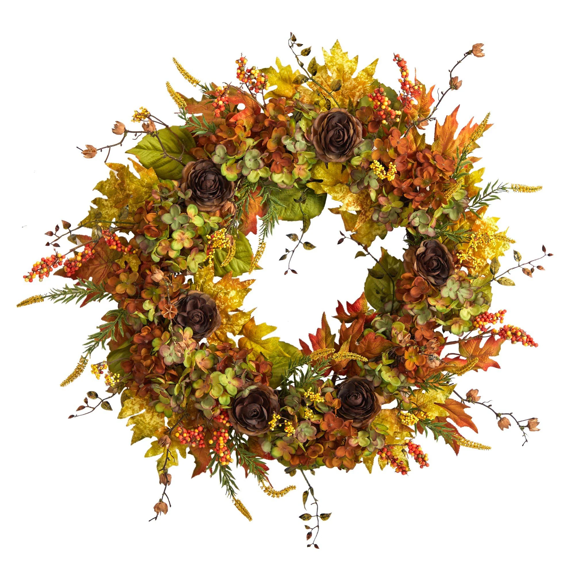 32” Fall Hydrangea, Ranunculus and Maple Leaf Autumn Artificial Wreath - Image 5