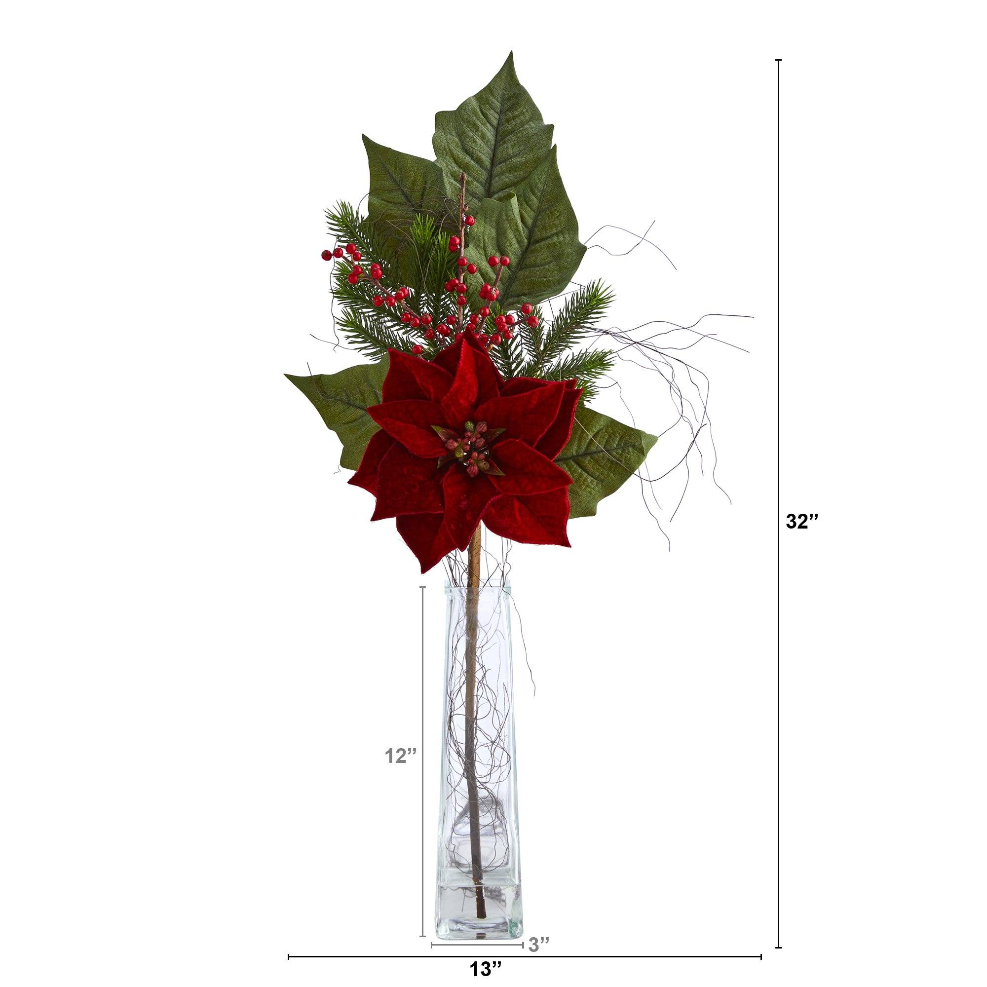 32” Poinsettia, Berries and Pine Artificial Arrangement in Glass Vase - Image 3
