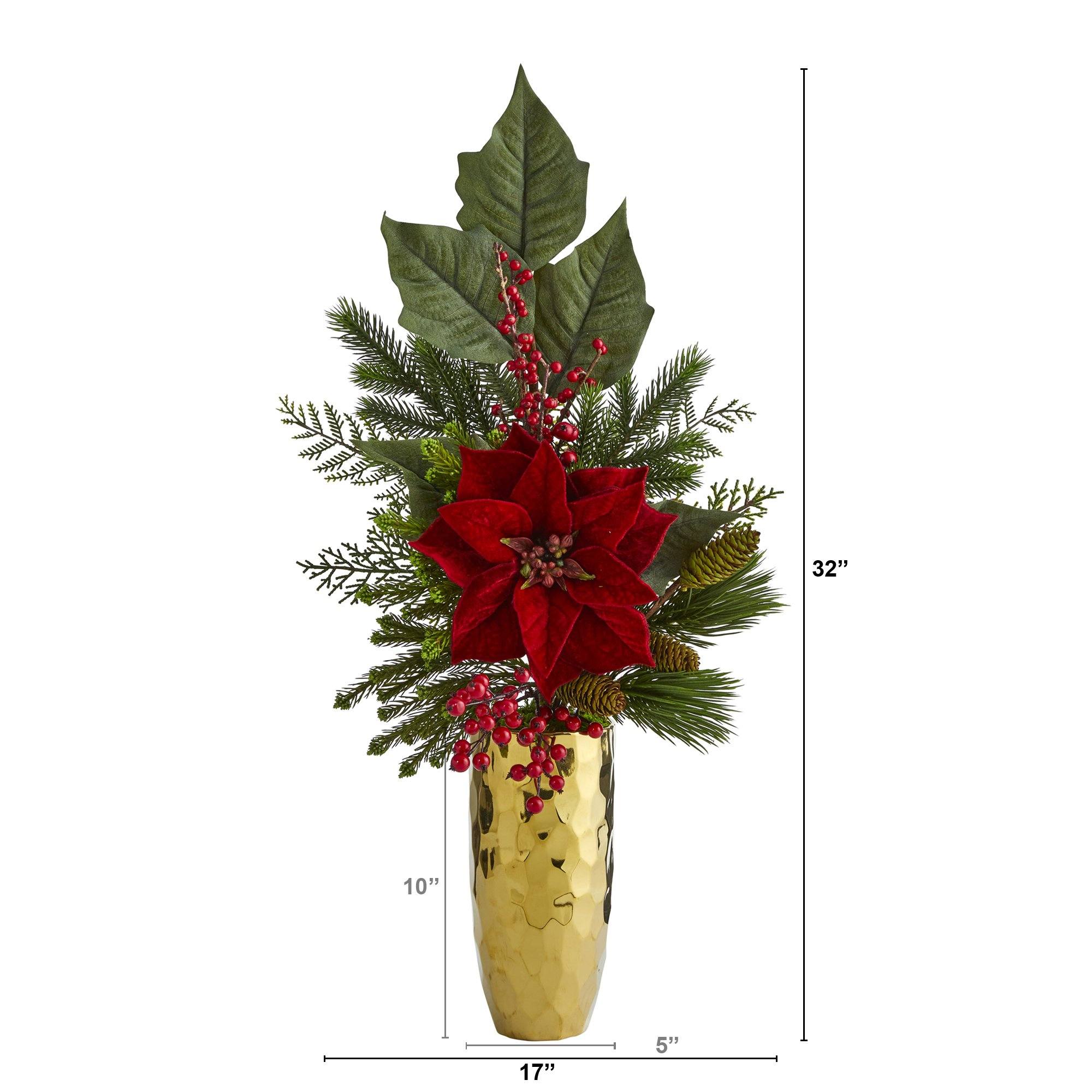 32” Poinsettia, Berries, Pine and Pinecone Artificial Arrangement in Gold Vase - Image 3