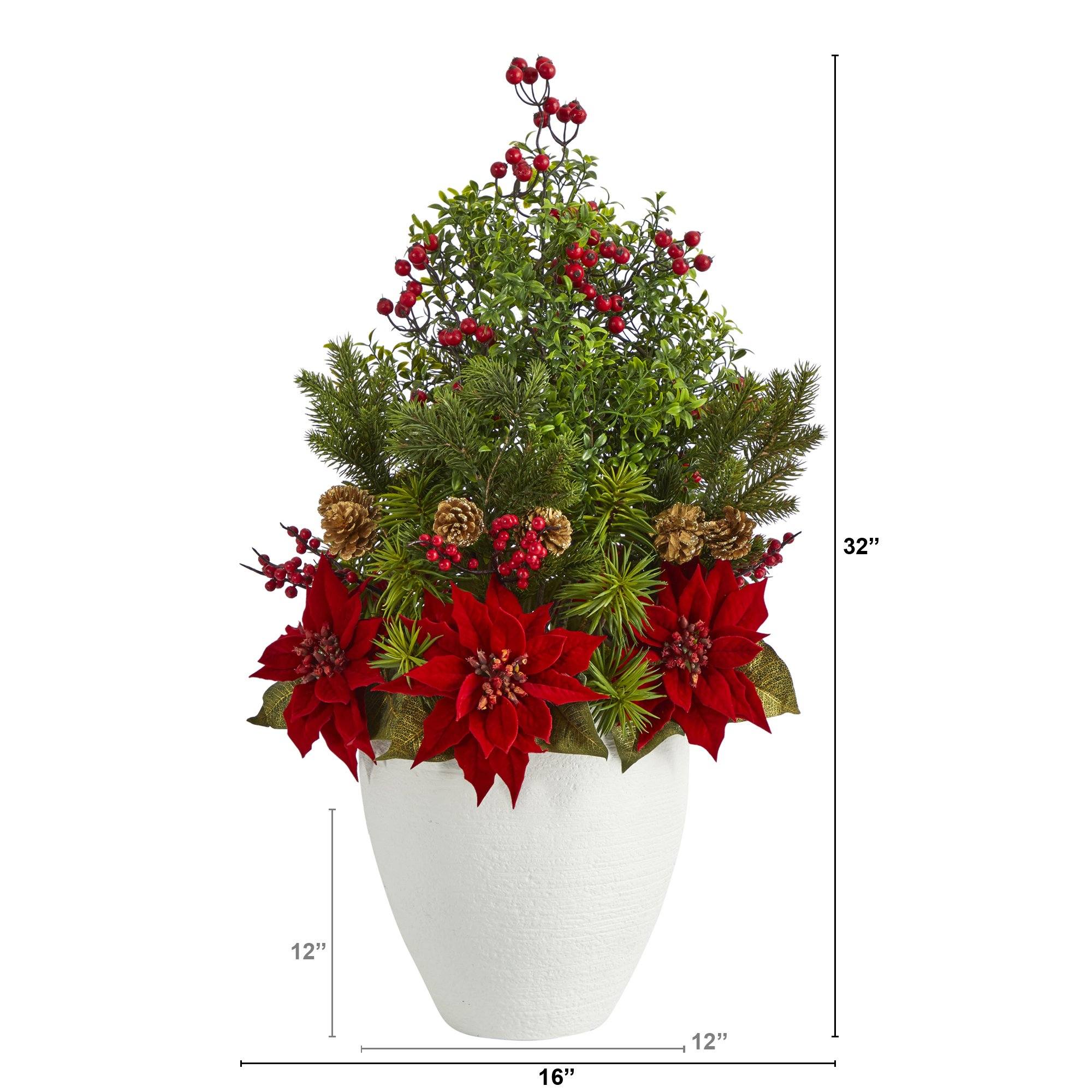 32” Poinsettia, Boxwood and Succulent Artificial Arrangement in White Vase - Image 2