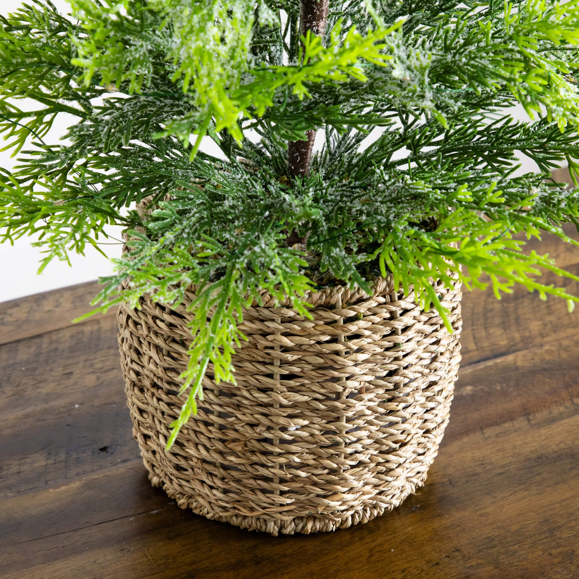 32" Pre-Lit Artificial Lightly Snowed Cypress Christmas Tree with 30 Warm White LED Lights in Decorative Weaved Basket - Image 7