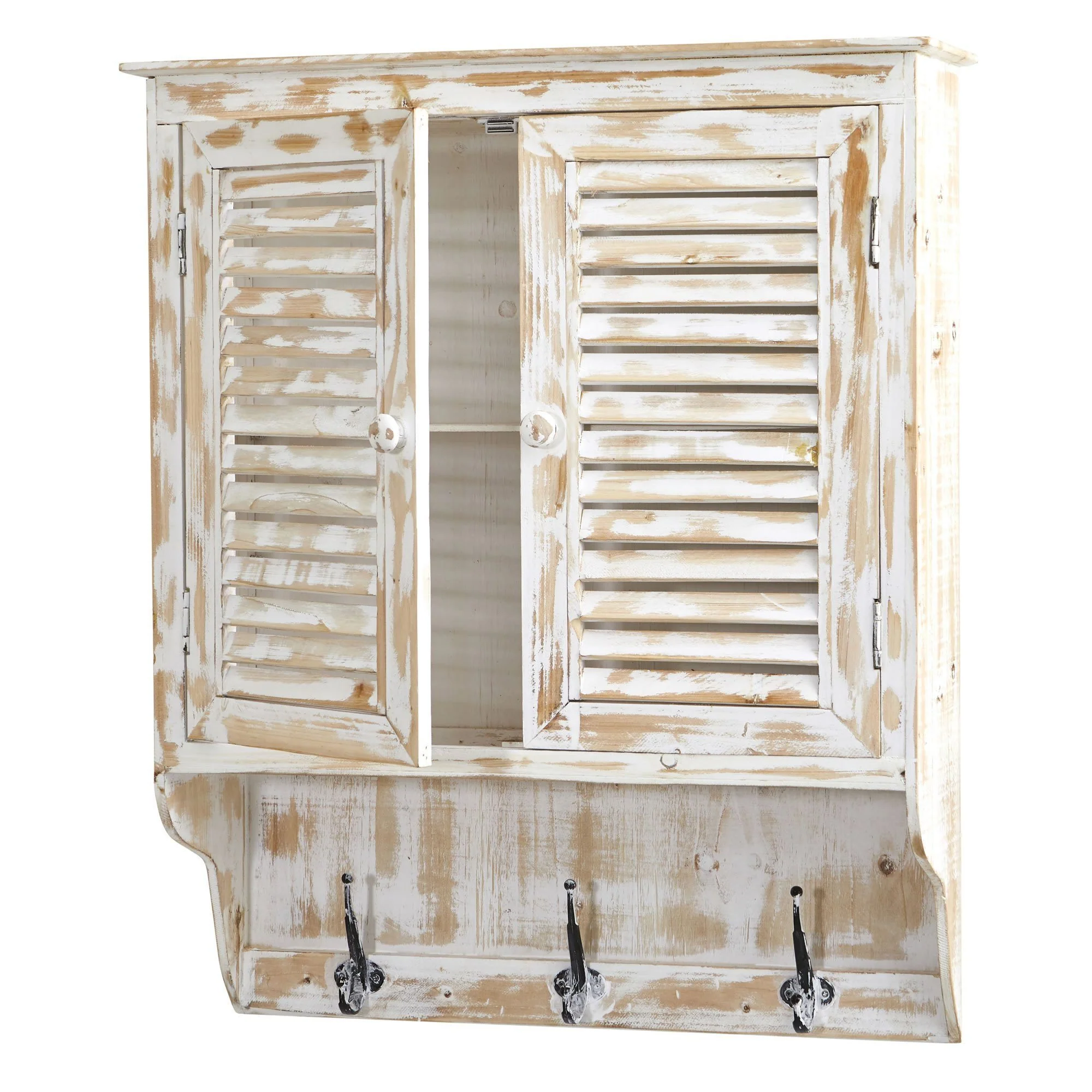 32” White Washed Wall Cabinet with Hooks - Image 3