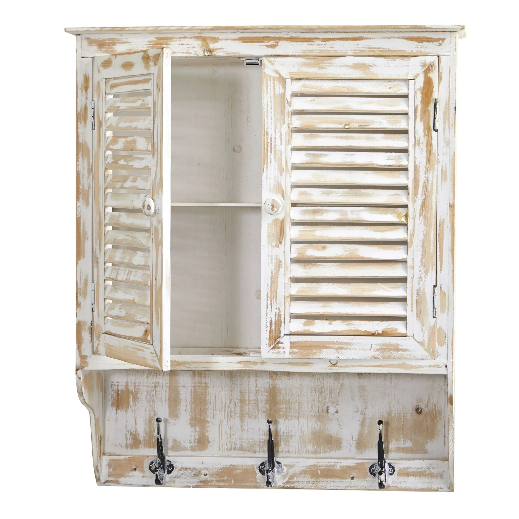 32” White Washed Wall Cabinet with Hooks - Image 4