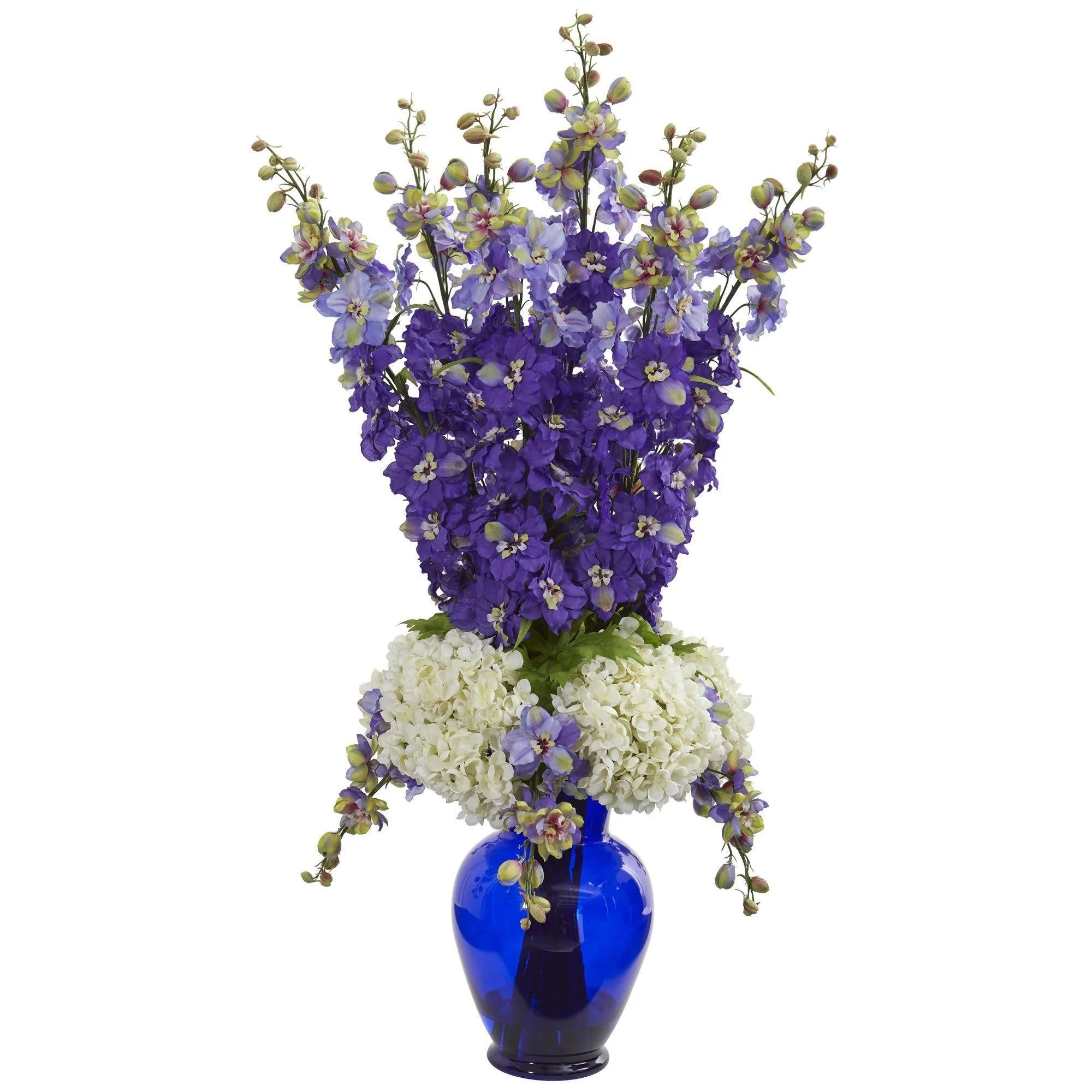 Delphinium and Hydrangea Artificial Arrangement in Blue Vase - Image 2