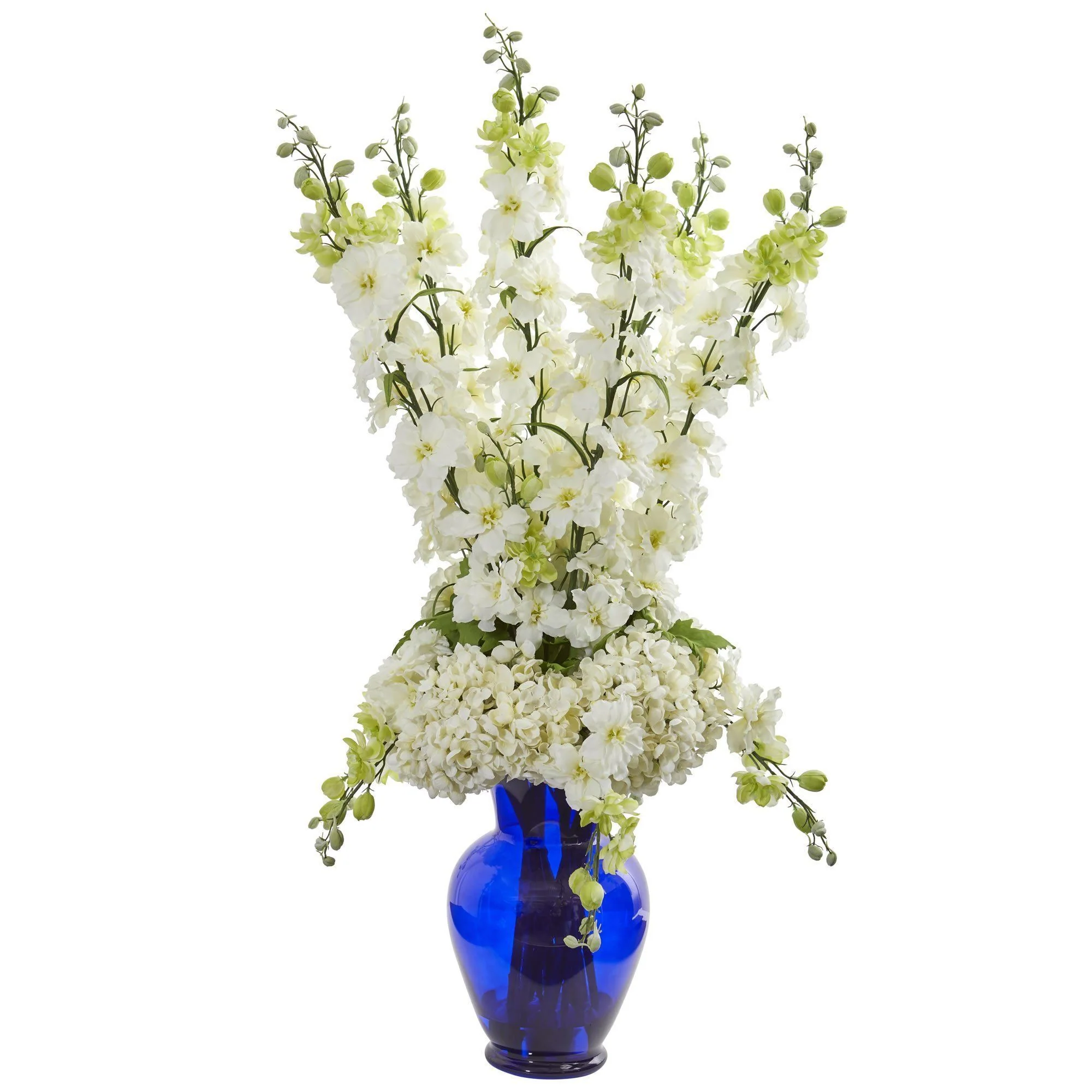 Delphinium and Hydrangea Artificial Arrangement in Blue Vase - Image 3