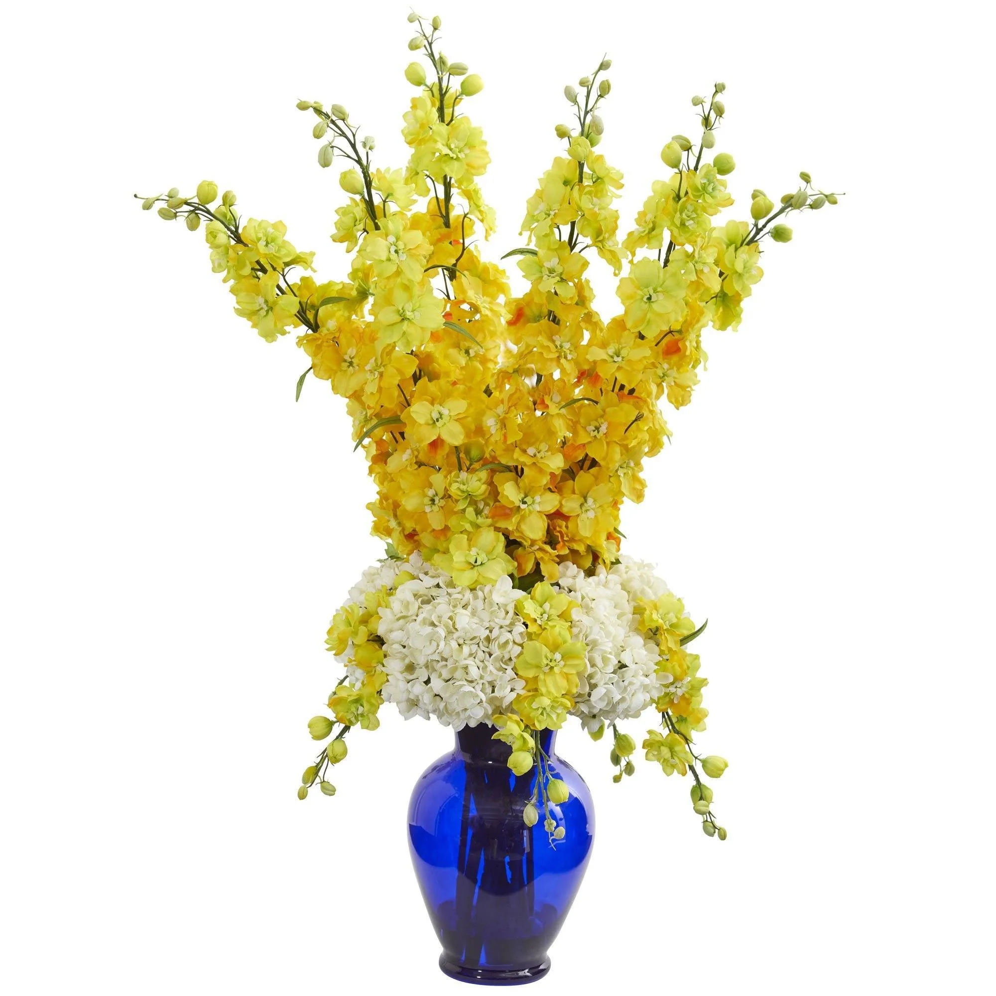 Delphinium and Hydrangea Artificial Arrangement in Blue Vase - Image 4