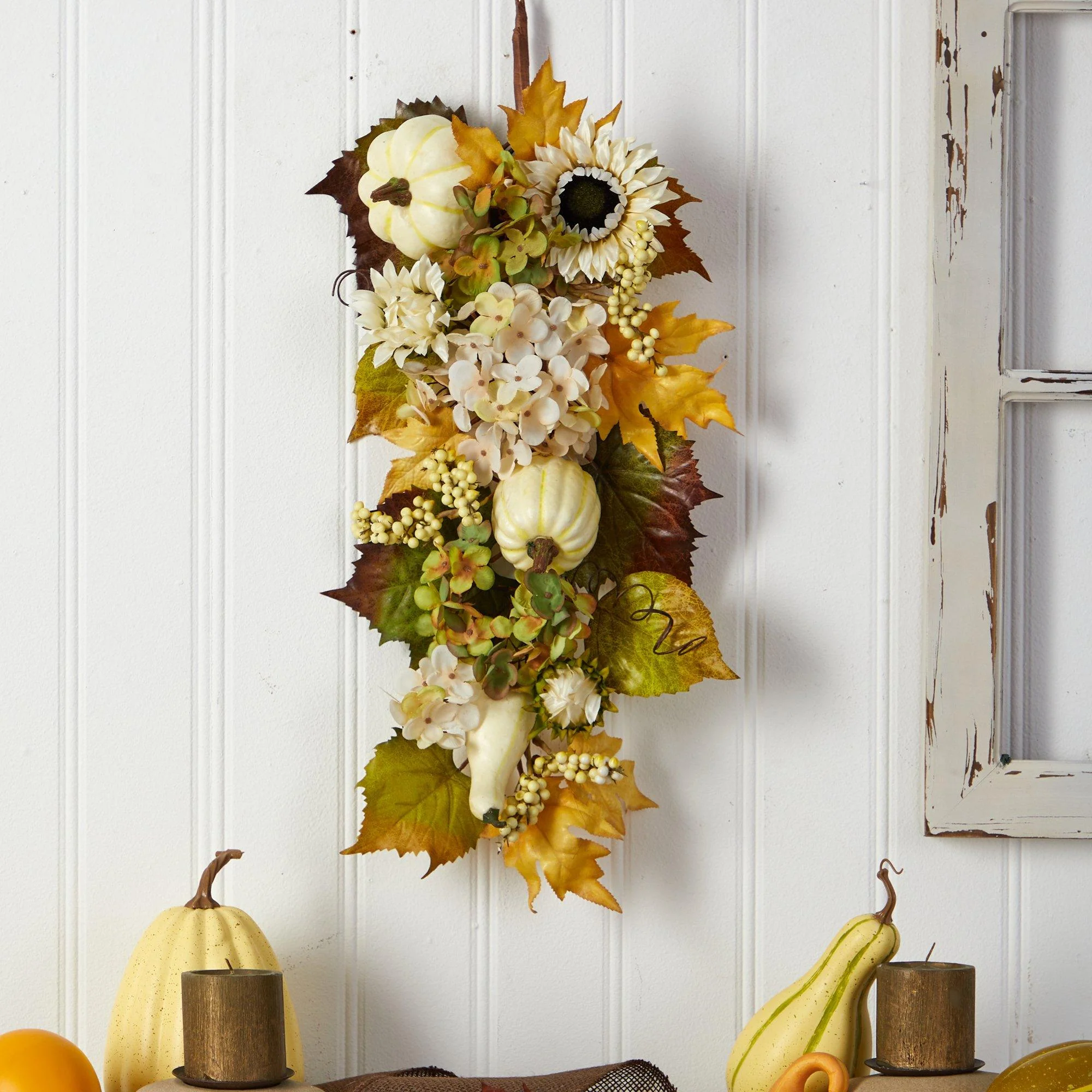 33” Fall Sunflower, Hydrangea and White Pumpkin Artificial Autumn Teardrop - Image 3