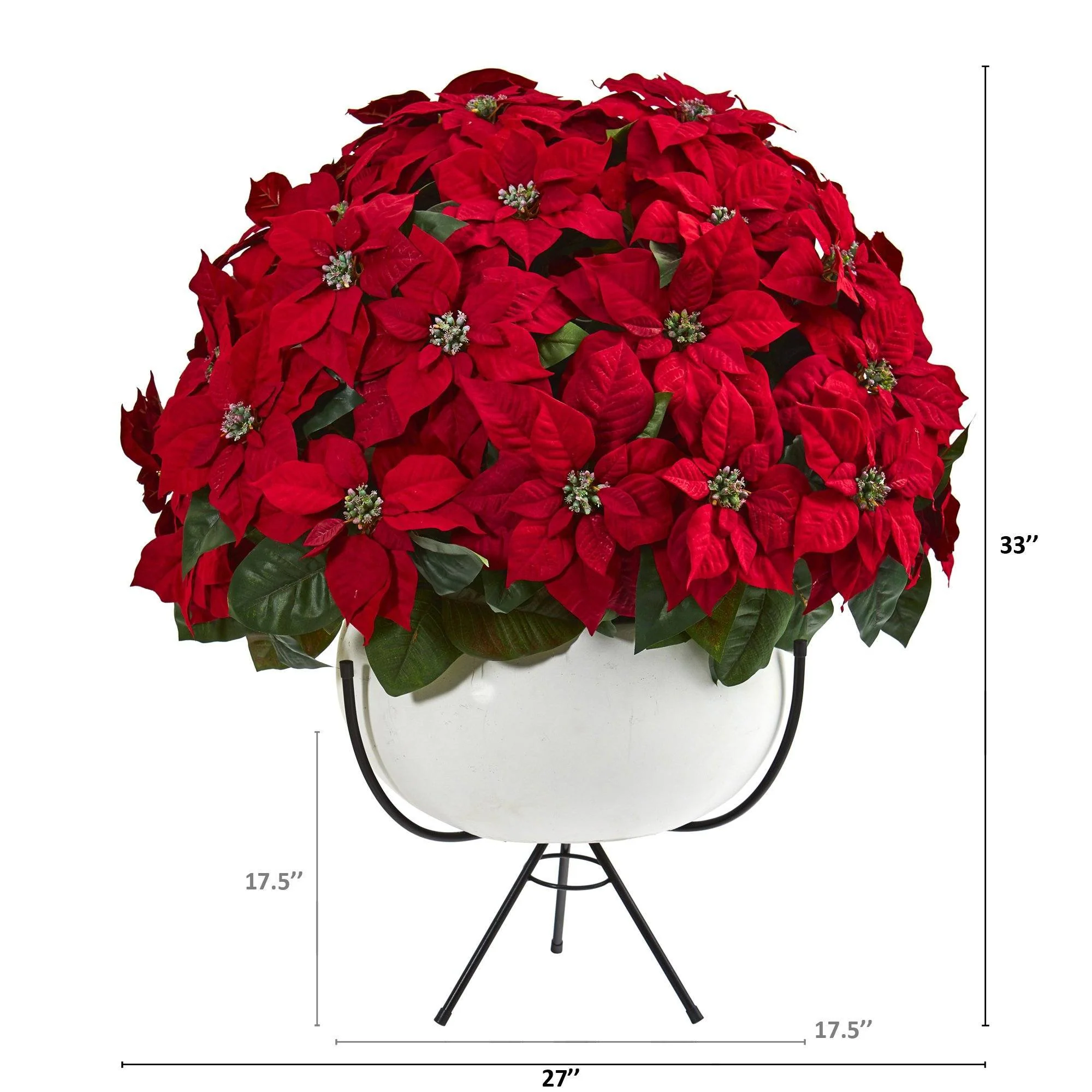 33” Grand Poinsettia Artificial Arrangement in White Vase with Metal Stand - Image 2