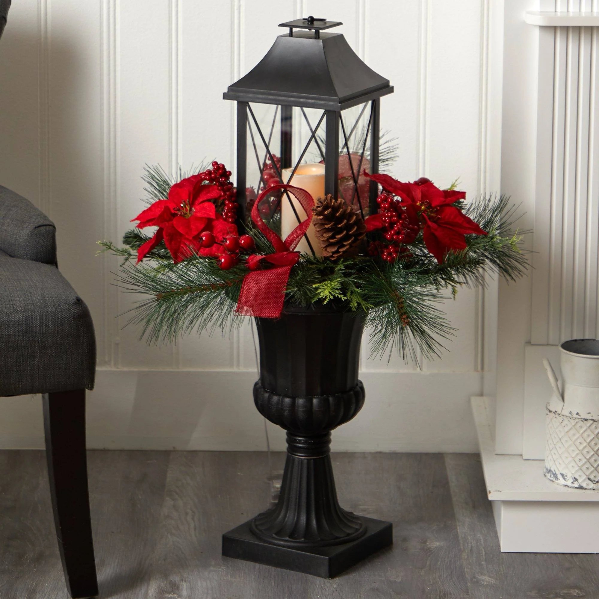 33” Holiday Berries and Poinsettia with Large Lantern and Included LED Candle - Image 2