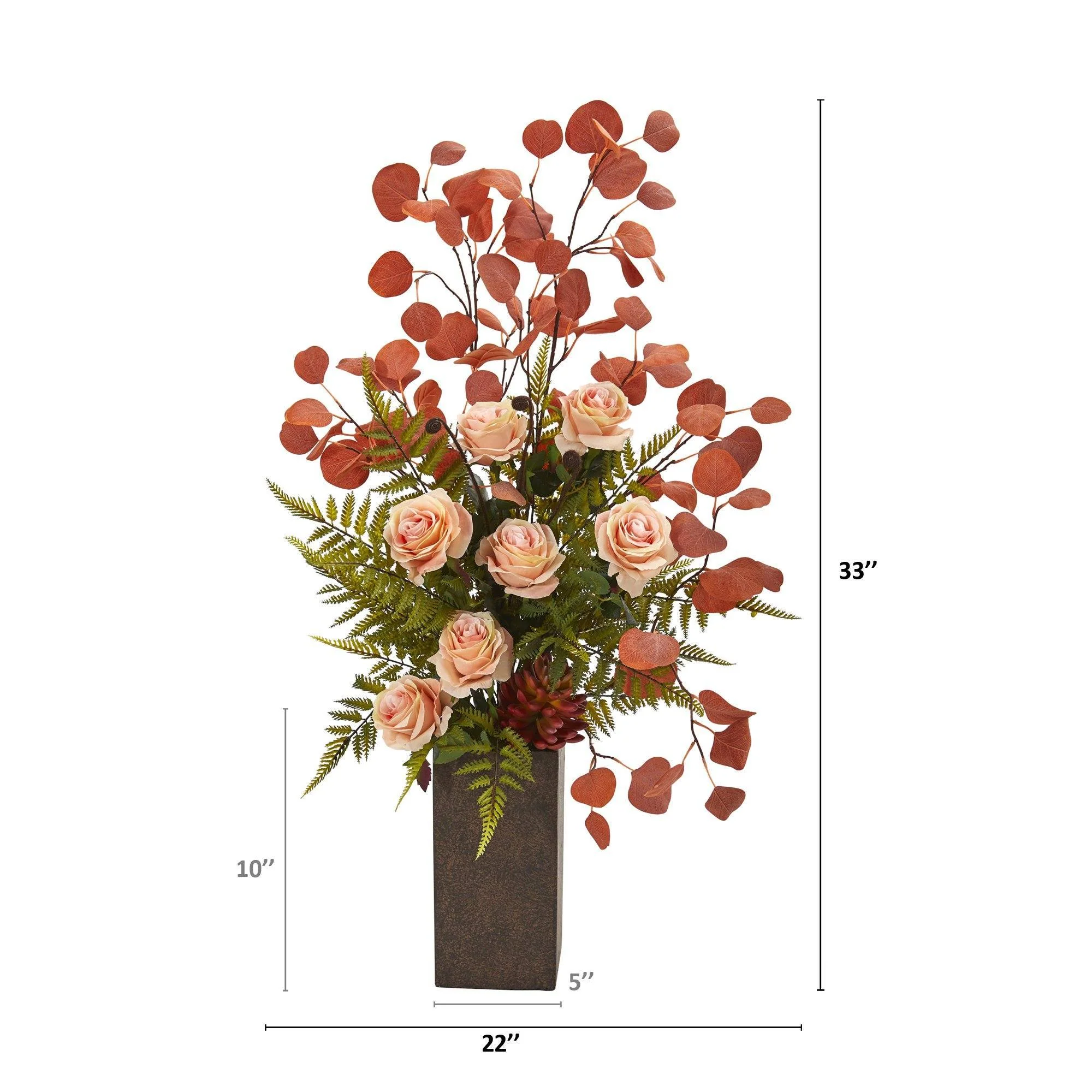 33” Rose, Eucalyptus and Fern Artificial Arrangement in Weathered Brown Planter - Image 2