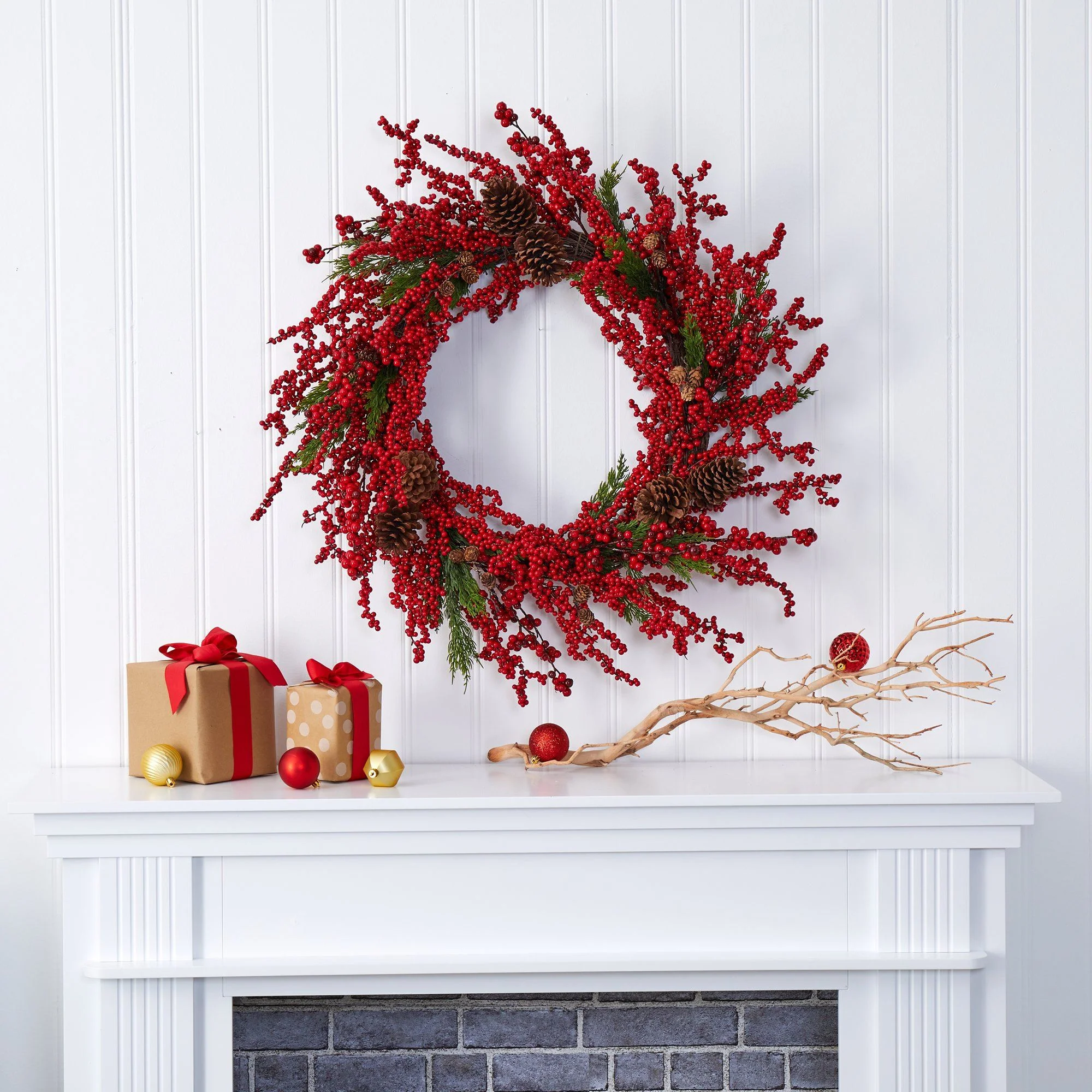 34” Cypress Artificial Wreath with Berries and Pine Cones - Image 4