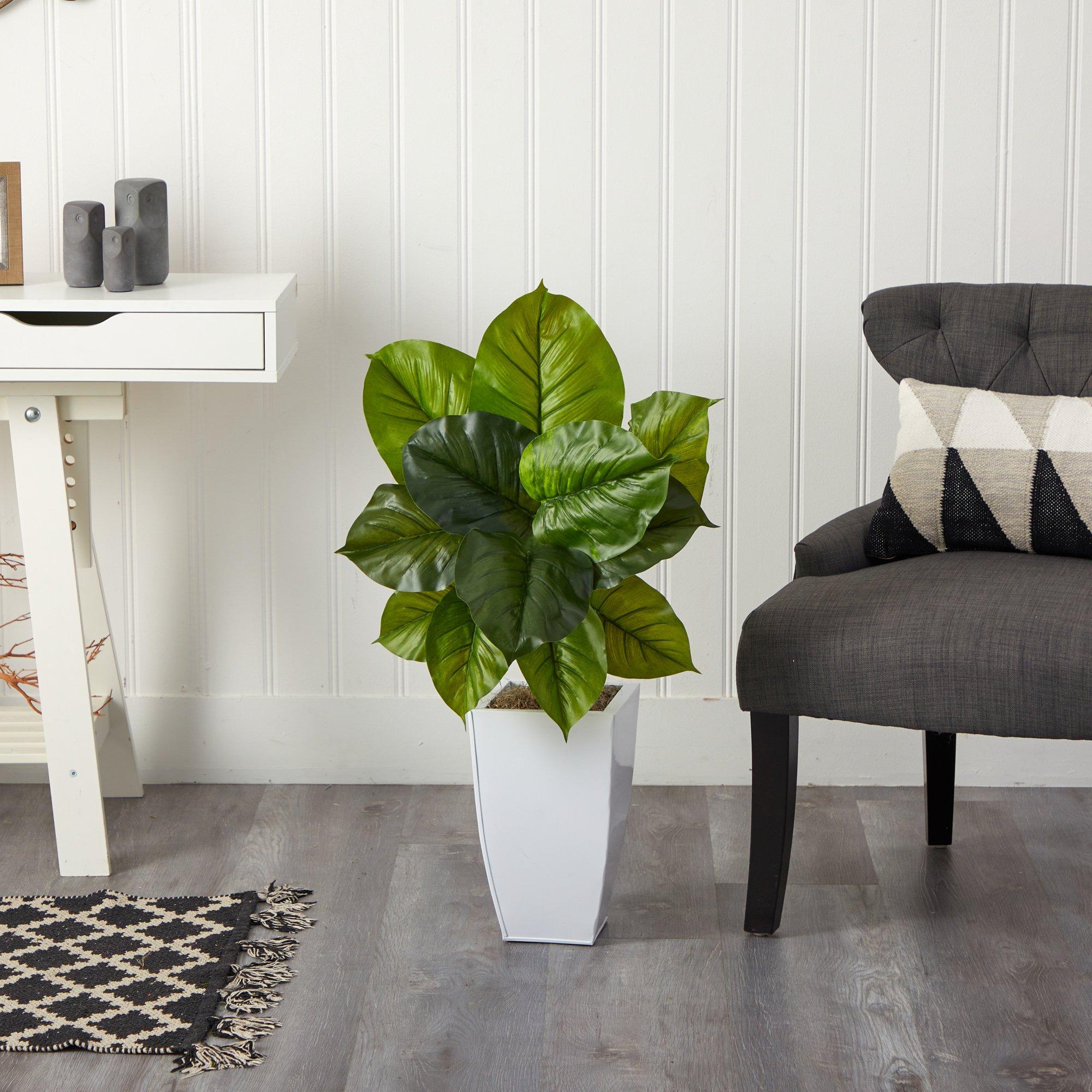34” Large Philodendron Leaf Artificial Plant in White Metal Planter - Image 4