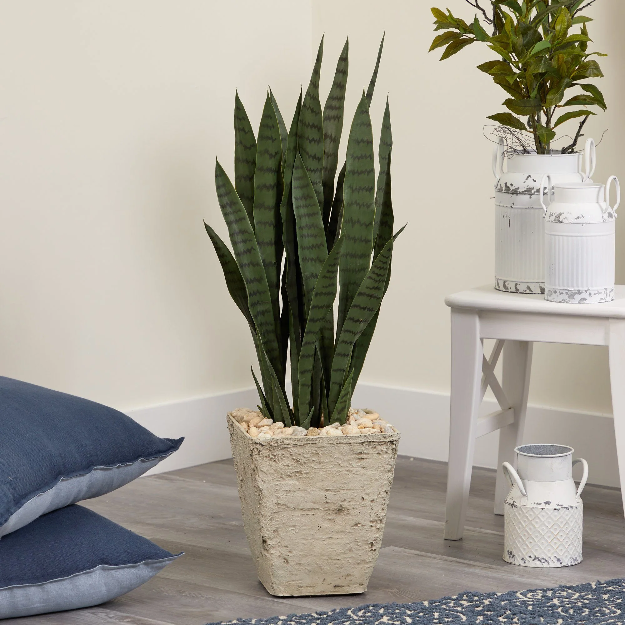 34” Sansevieria Artificial Plant in Country White Planter - Image 3