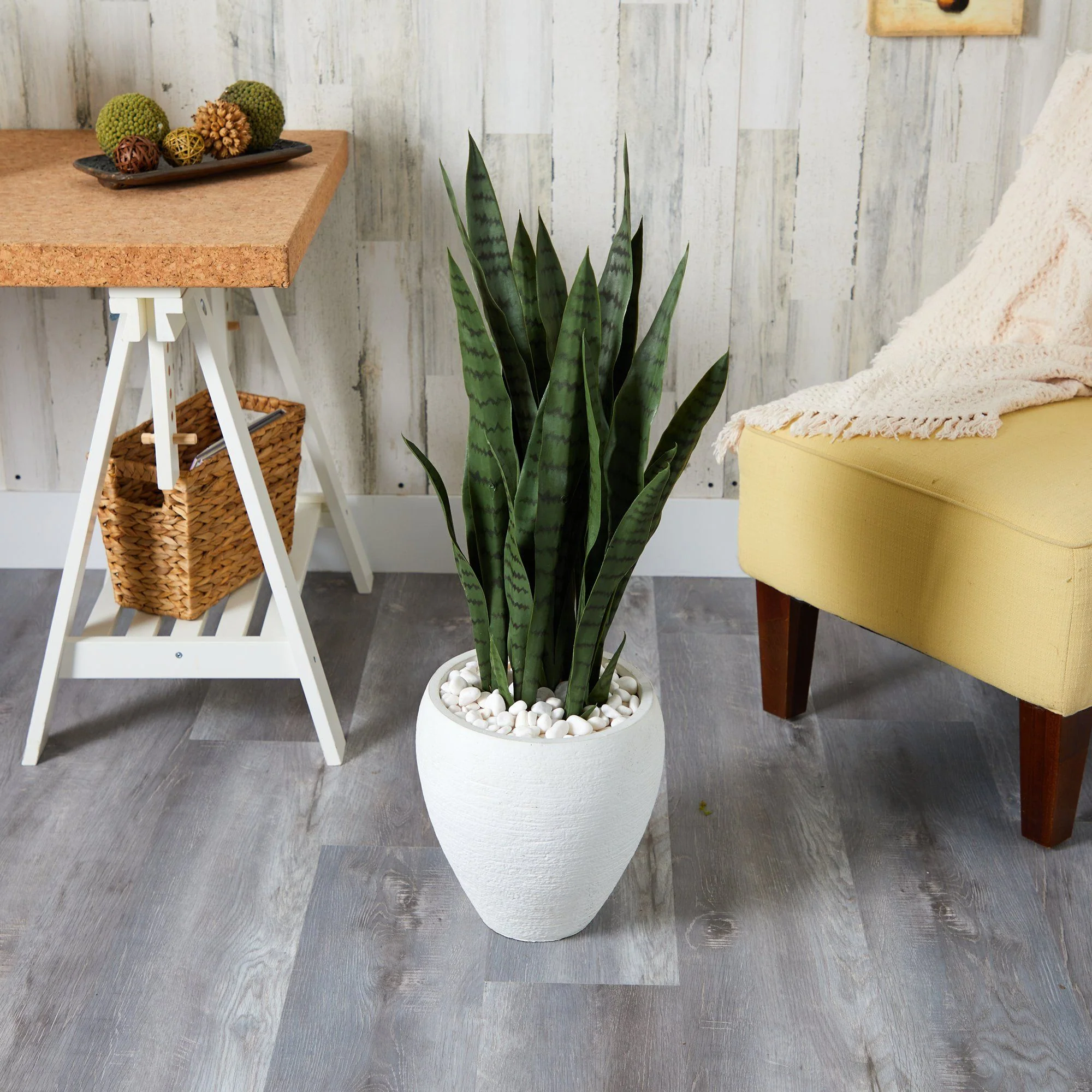 34” Sansevieria Artificial Plant in White Planter - Image 3