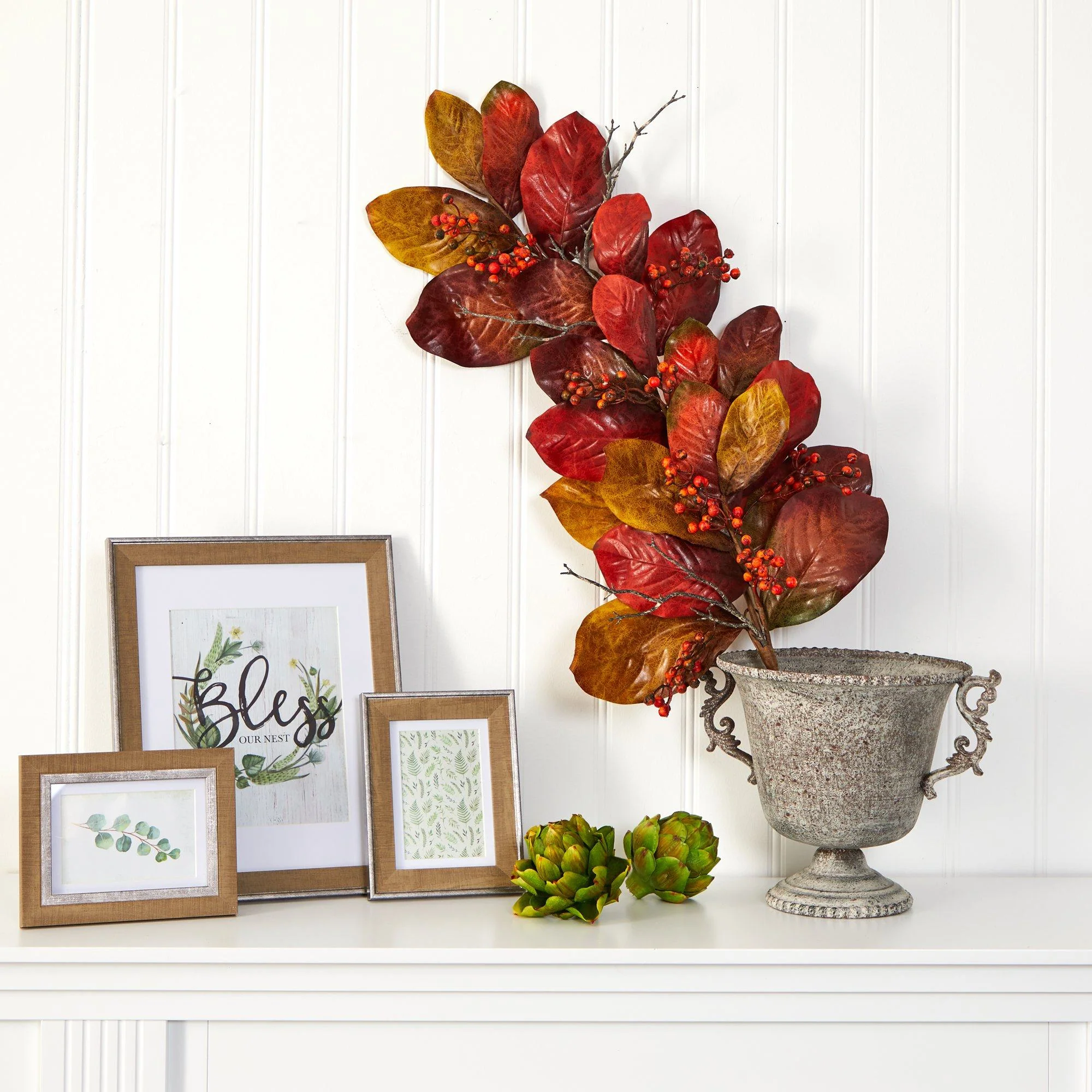 36” Autumn Magnolia Leaf with Berries Artificial Tear Drop - Image 3