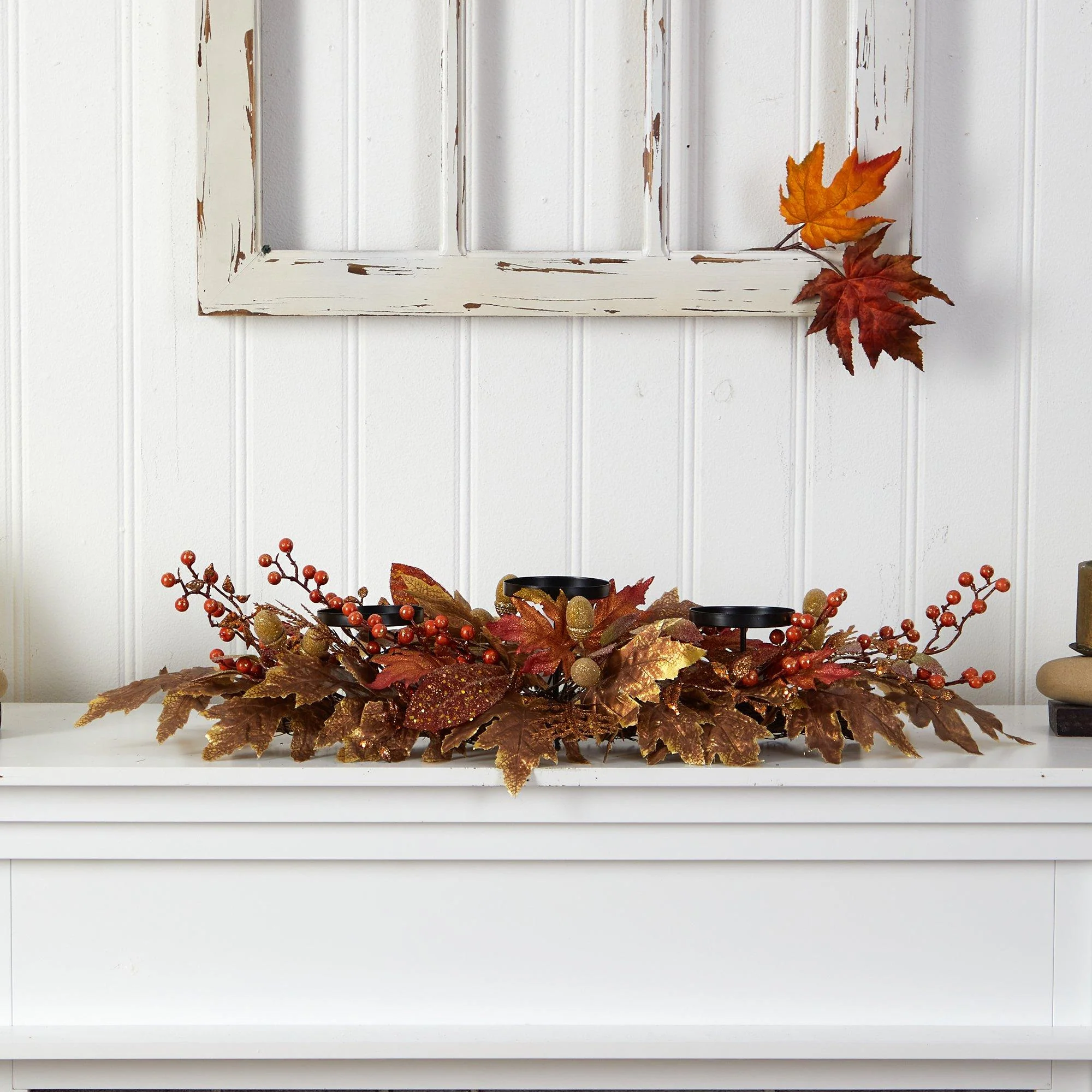 36” Autumn Maple Leaves and Berries Fall Harvest Candelabrum Arrangement - Image 4