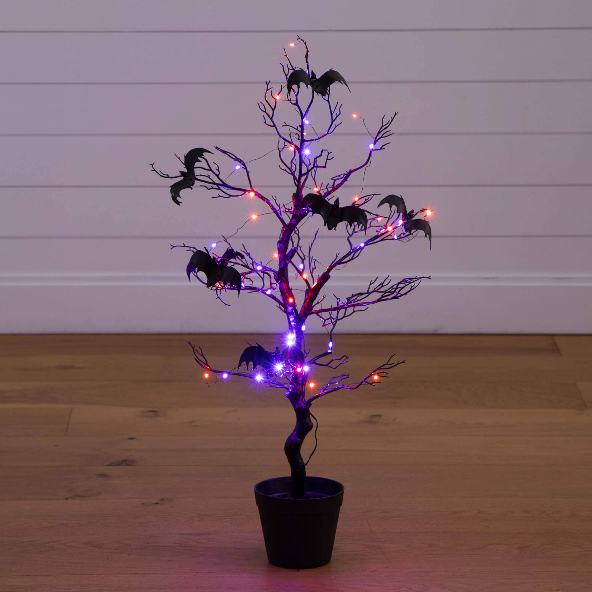 3' Pre-Lit Artificial Halloween Black Spooky Twig Tree with Bats and 100 Orange & Purple LED Lights - Image 3