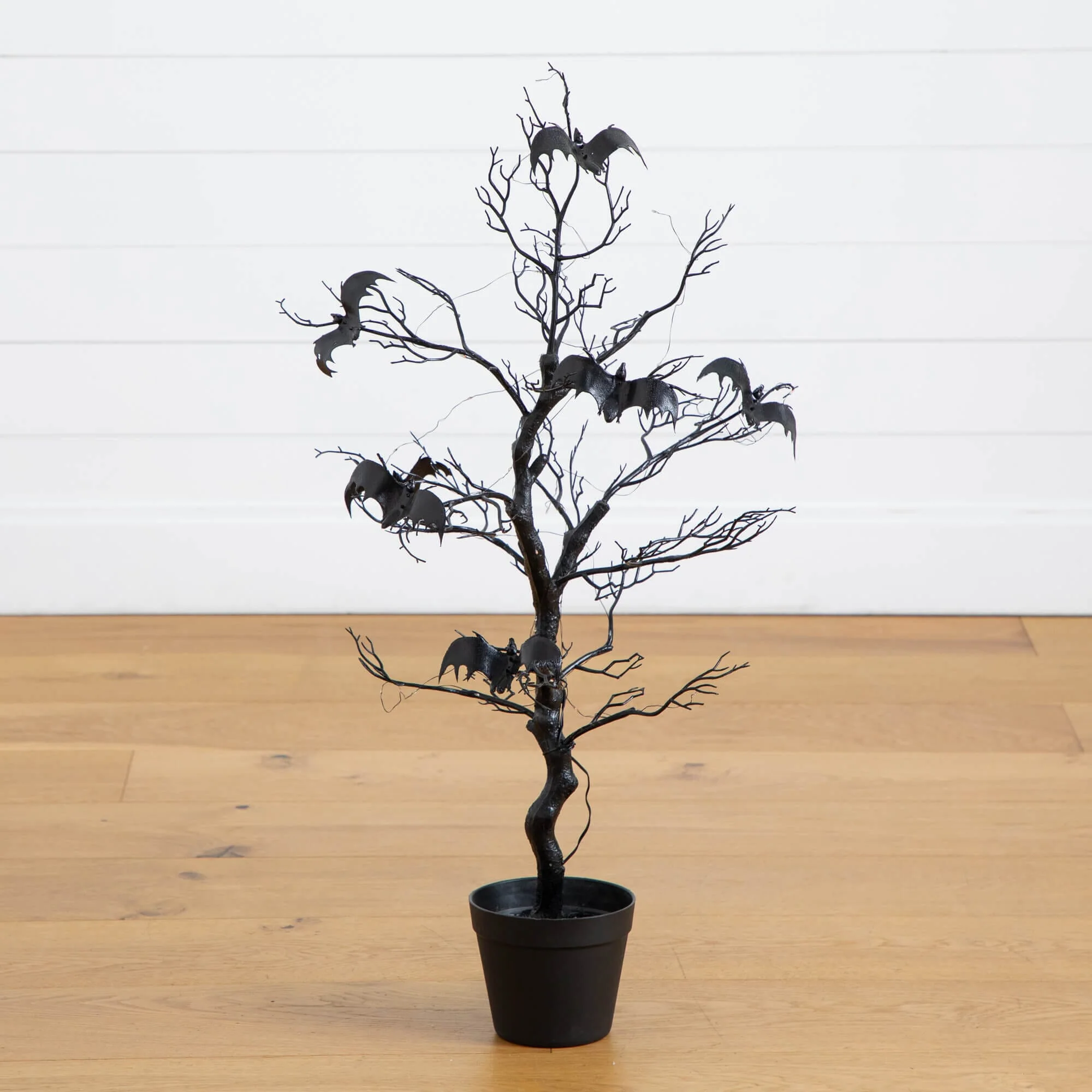 3' Pre-Lit Artificial Halloween Black Spooky Twig Tree with Bats and 100 Orange & Purple LED Lights - Image 4