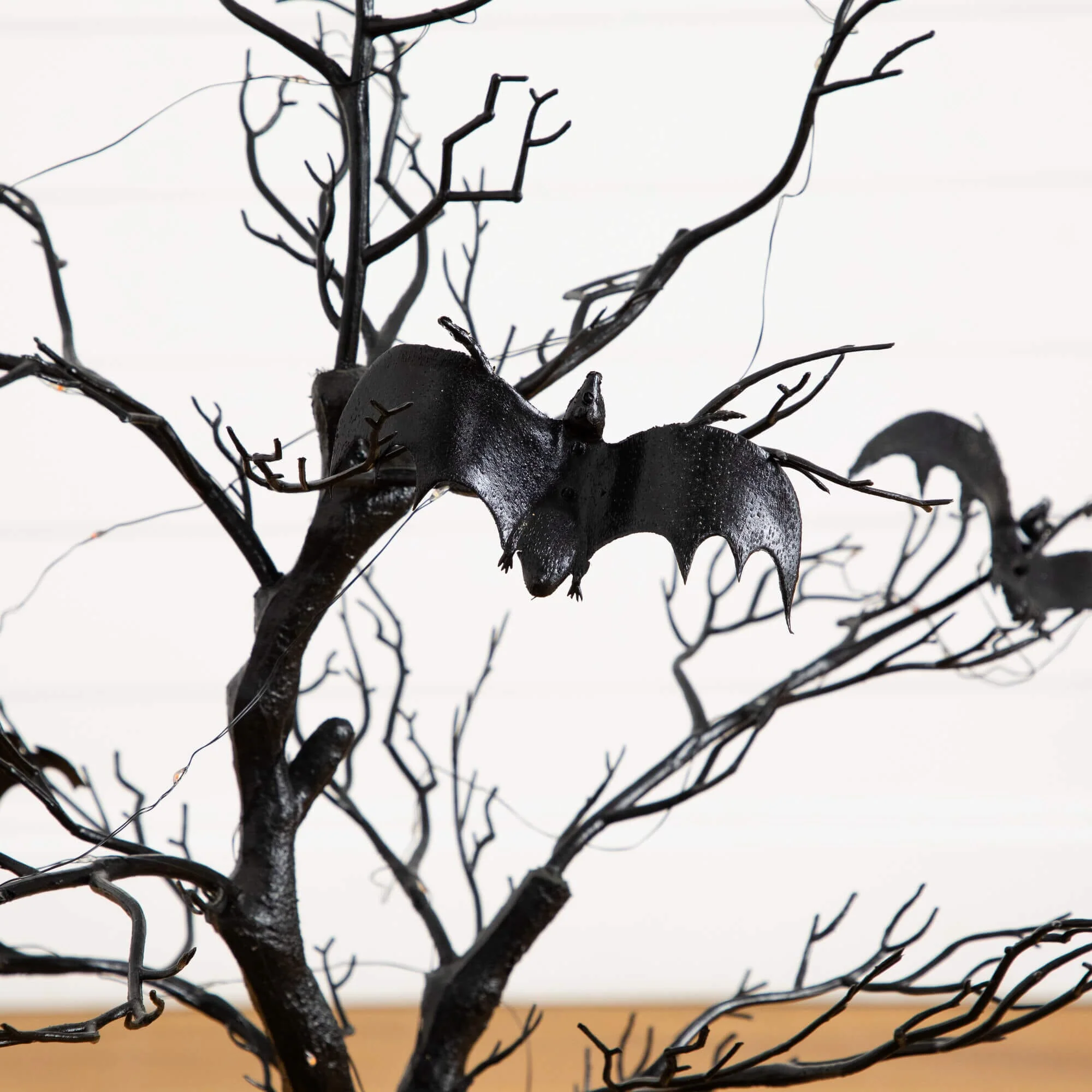 3' Pre-Lit Artificial Halloween Black Spooky Twig Tree with Bats and 100 Orange & Purple LED Lights - Image 5