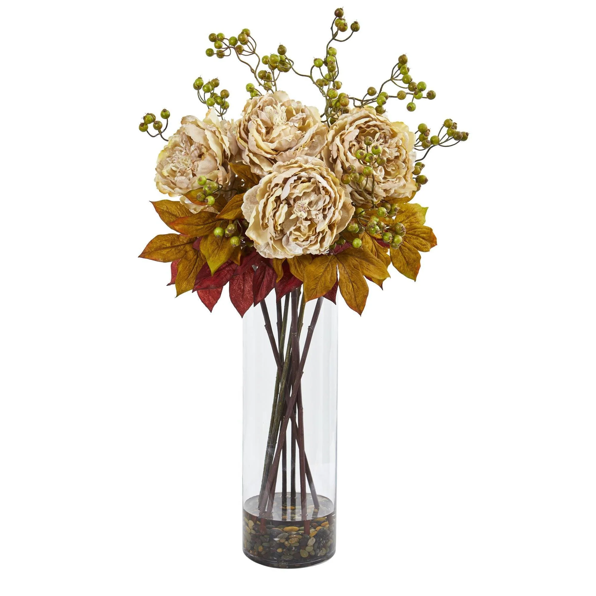 36” Peony and Berries Artificial Arrangement in Large Cylinder Vase - Image 2