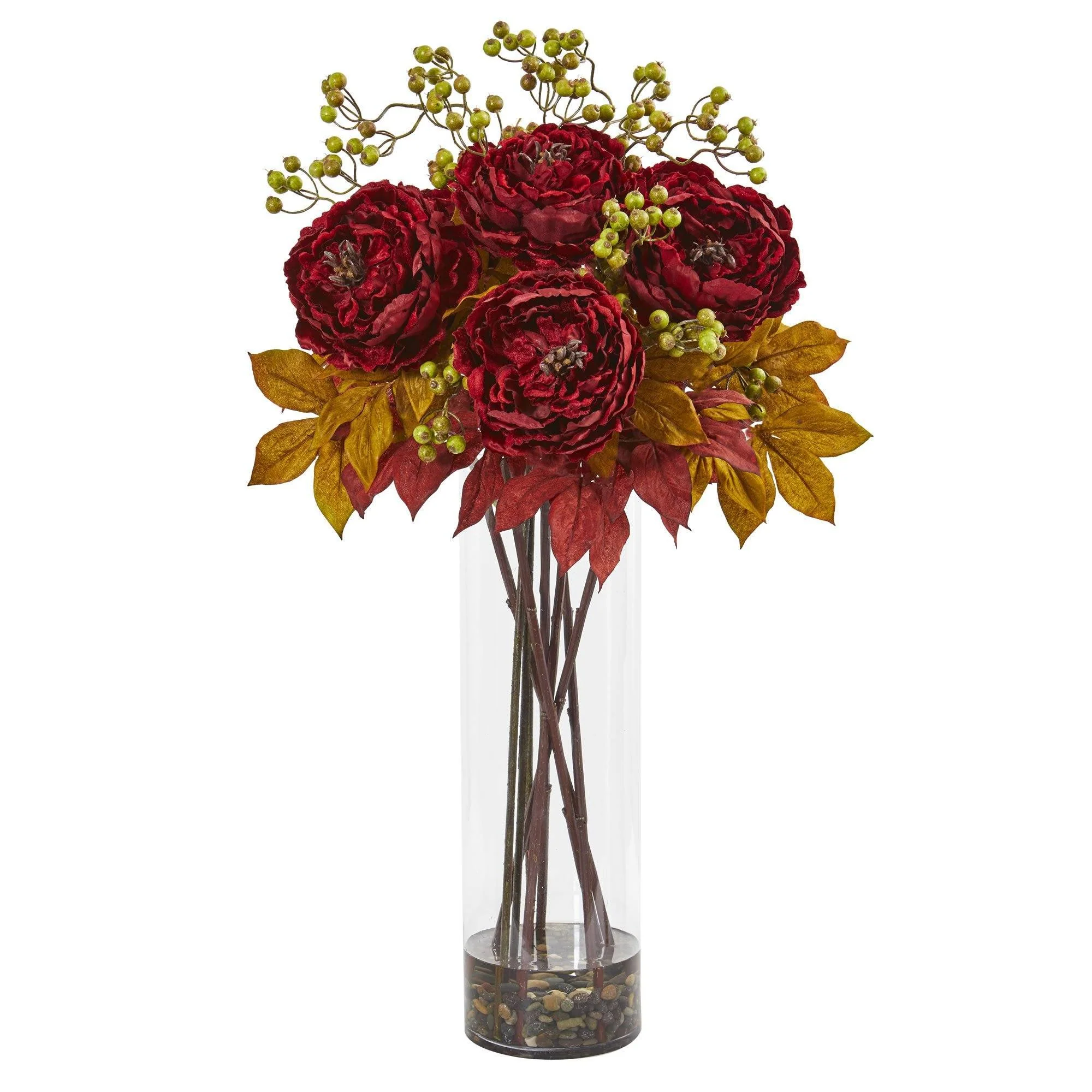 36” Peony and Berries Artificial Arrangement in Large Cylinder Vase - Image 4