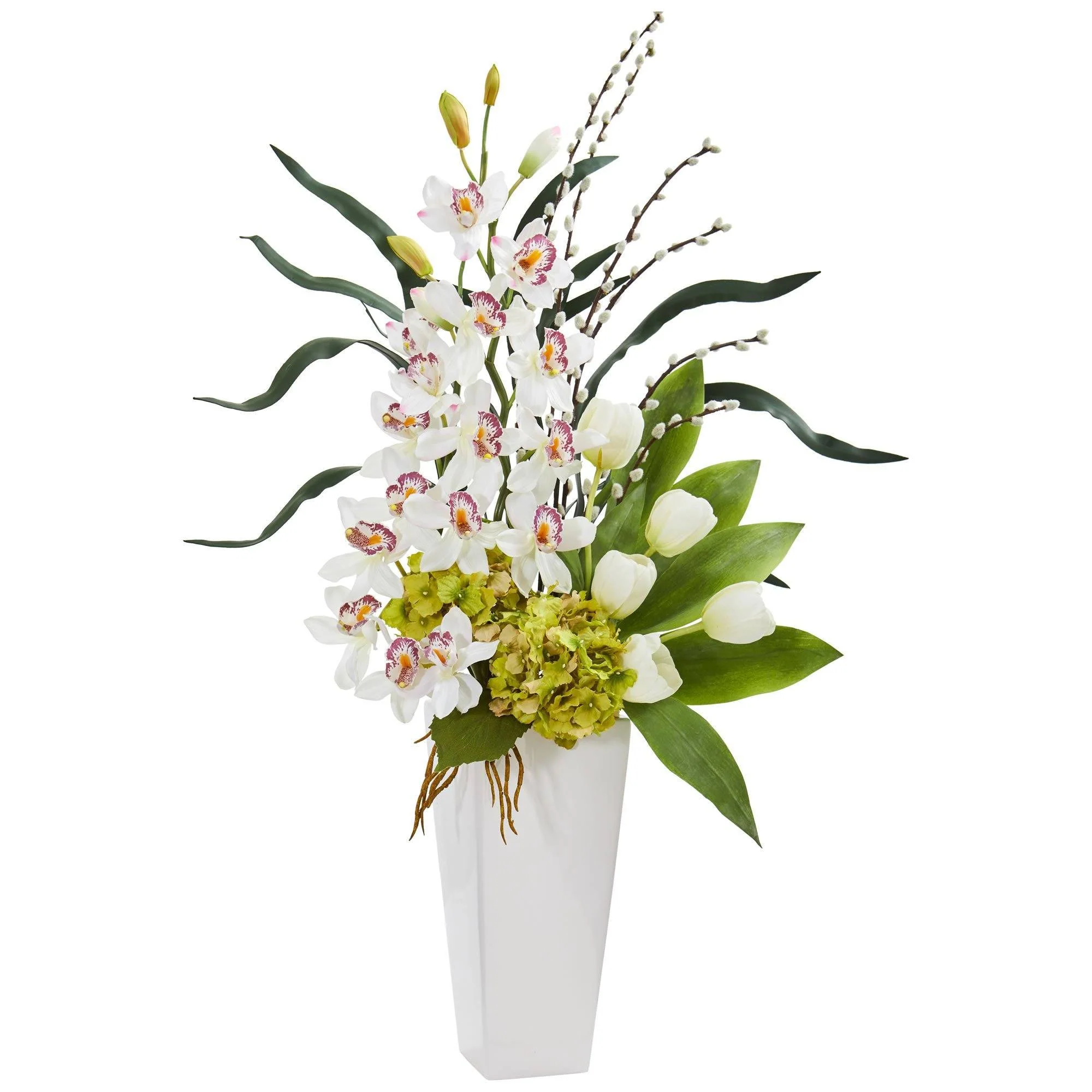 Cymbidium Orchid, Hydrangea and Tulip Artificial Arrangement - Image 2