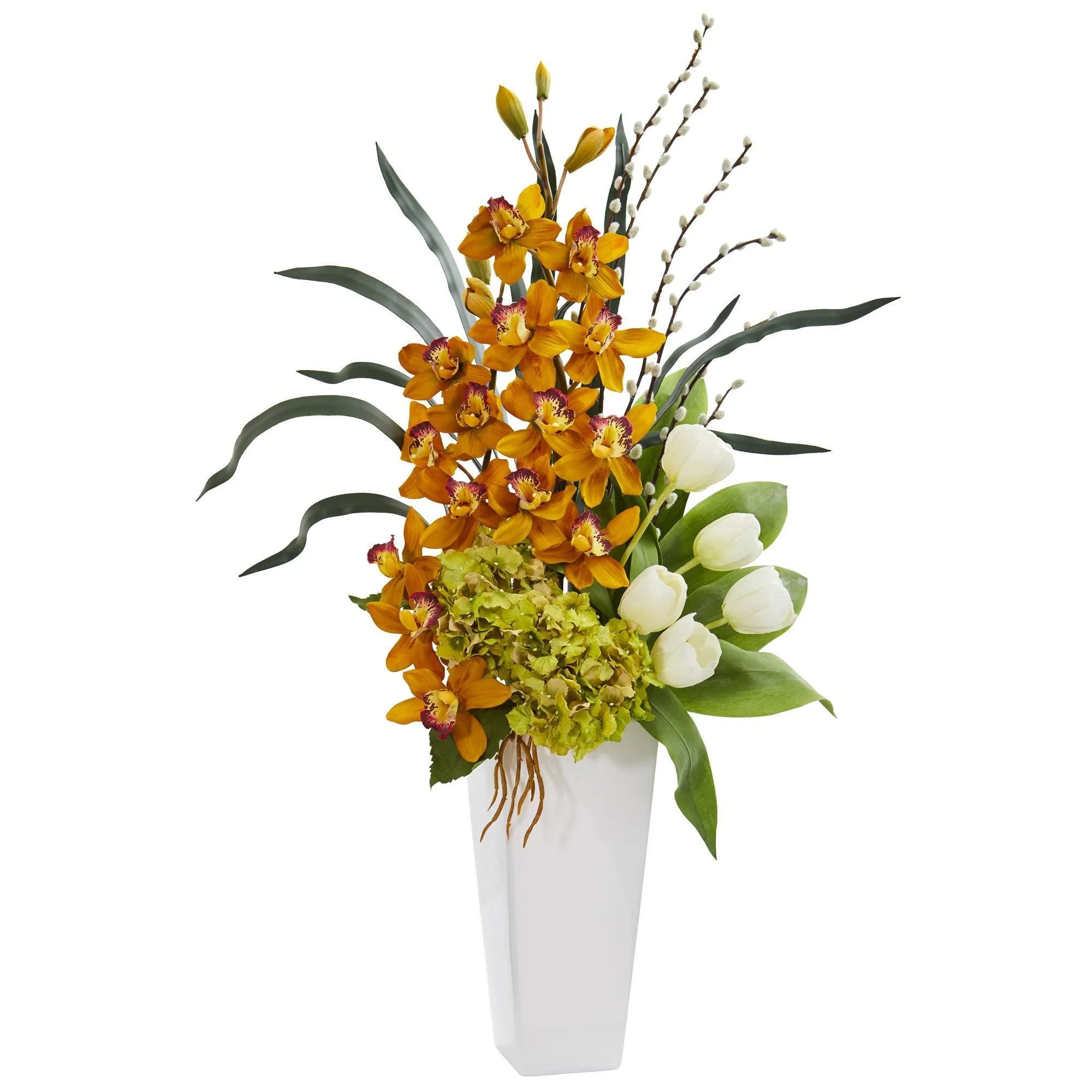 Cymbidium Orchid, Hydrangea and Tulip Artificial Arrangement - Image 3