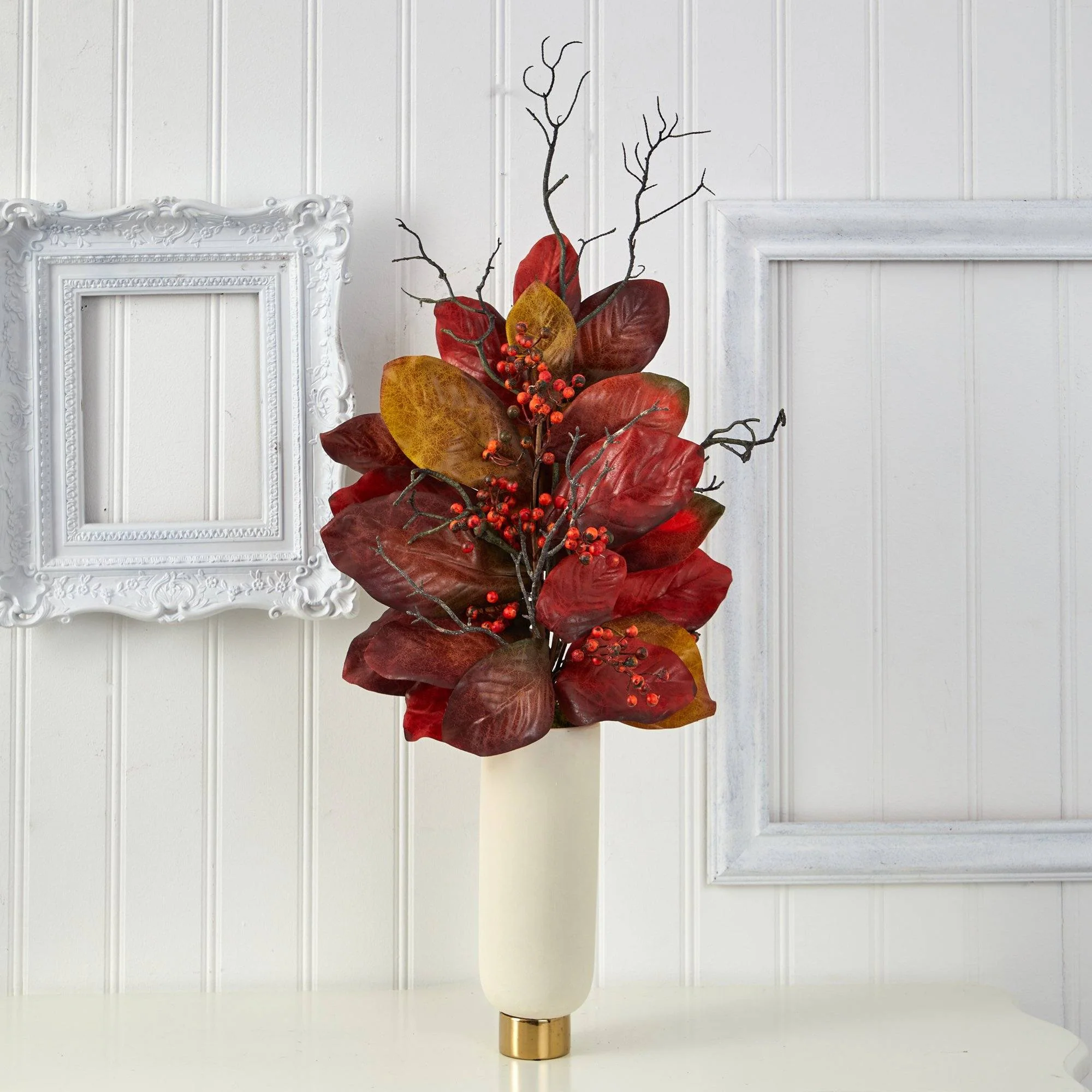 38” Autumn Magnolia Leaf with Berries Artificial Plant in Cream Planter with Gold Base - Image 2