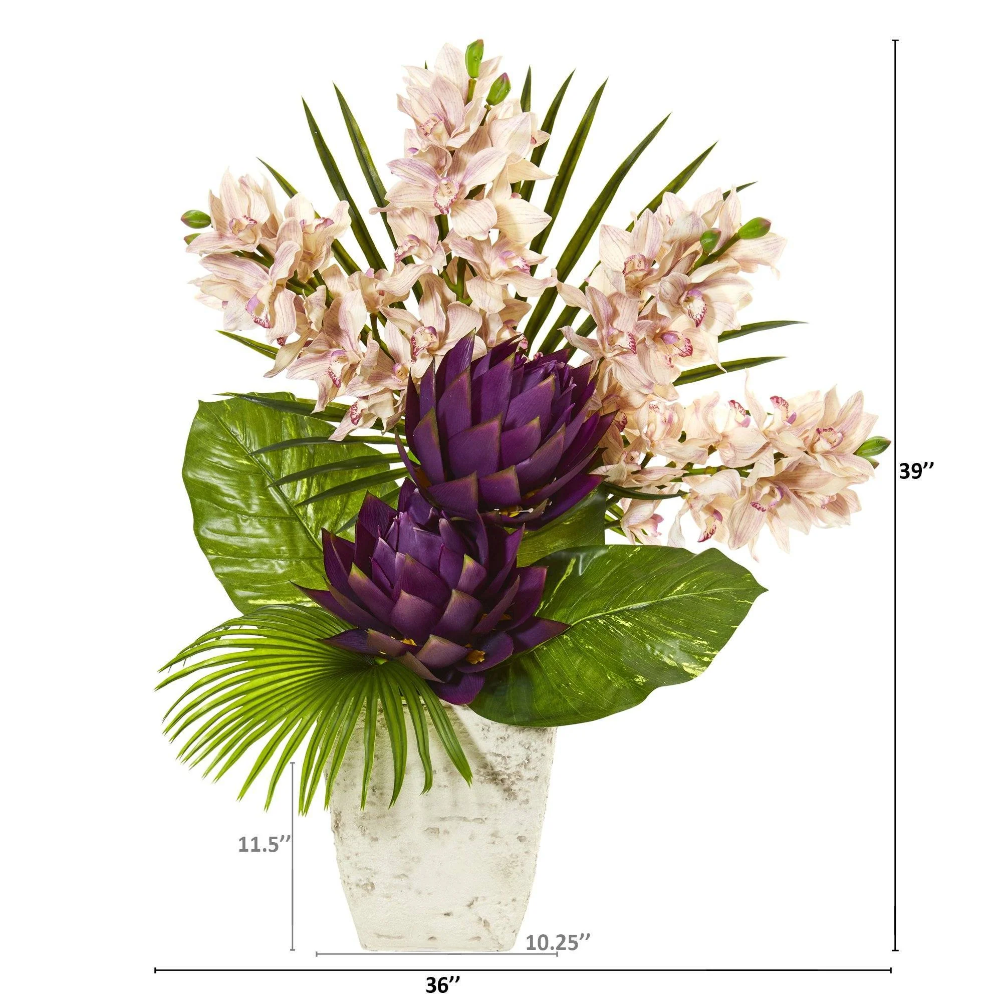 39” Cymbidium Orchid, Musella, Fan Palm and Pothos Leaf Artificial Plant - Image 2