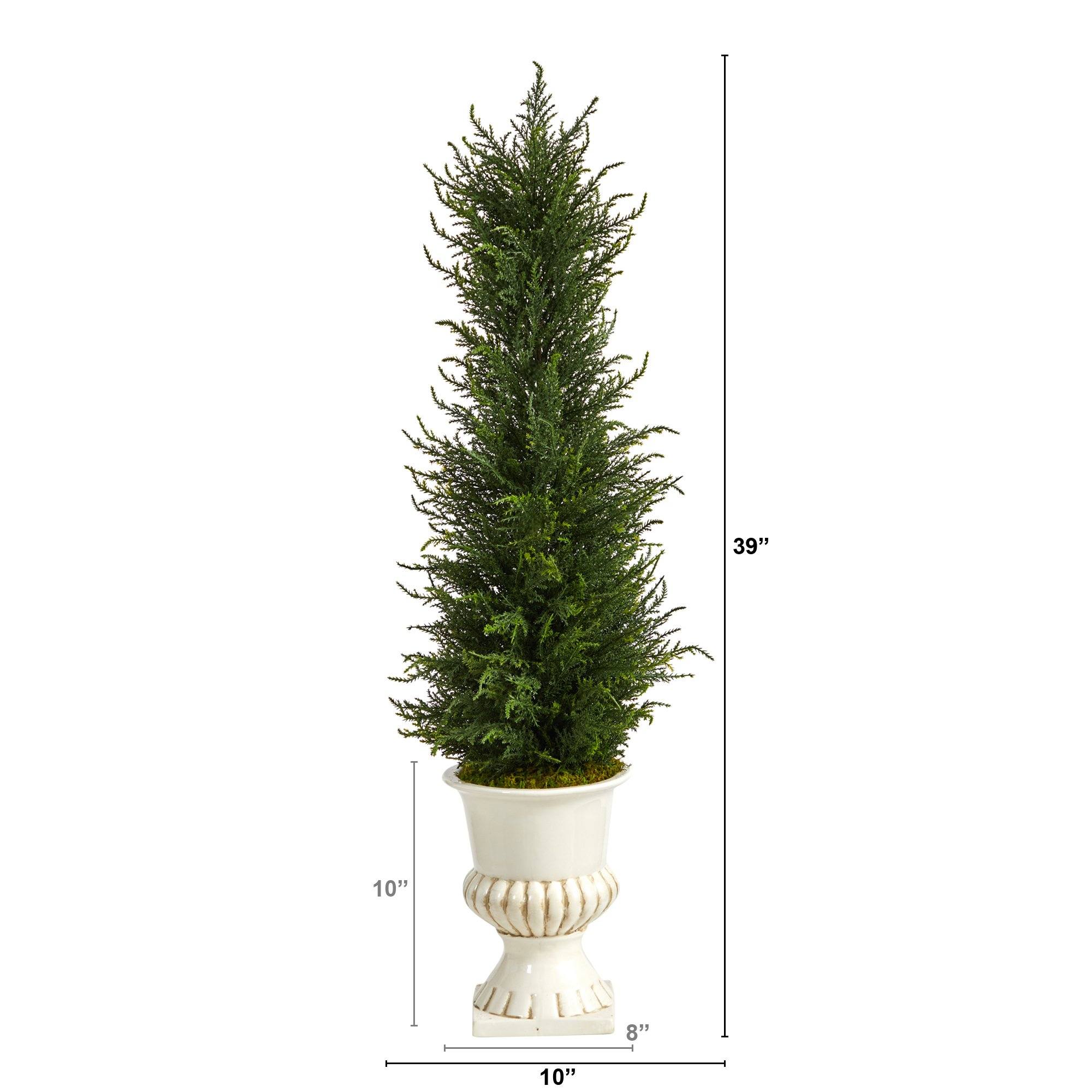 39” Cypress Artificial Tree in White Urn UV Resistant (Indoor/Outdoor) - Image 2