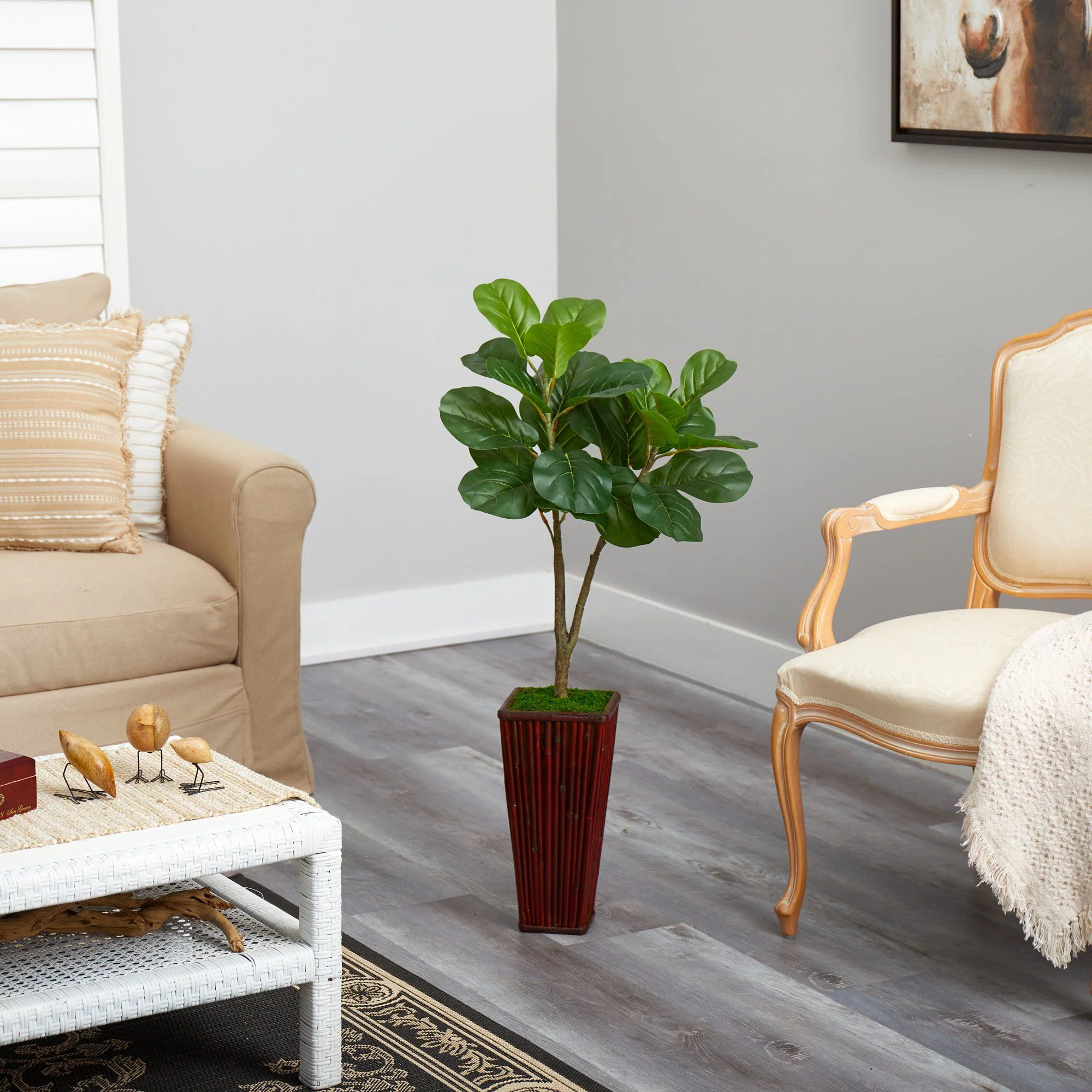 39” Fiddle Leaf Fig Artificial Tree in Bamboo Planter - Image 4