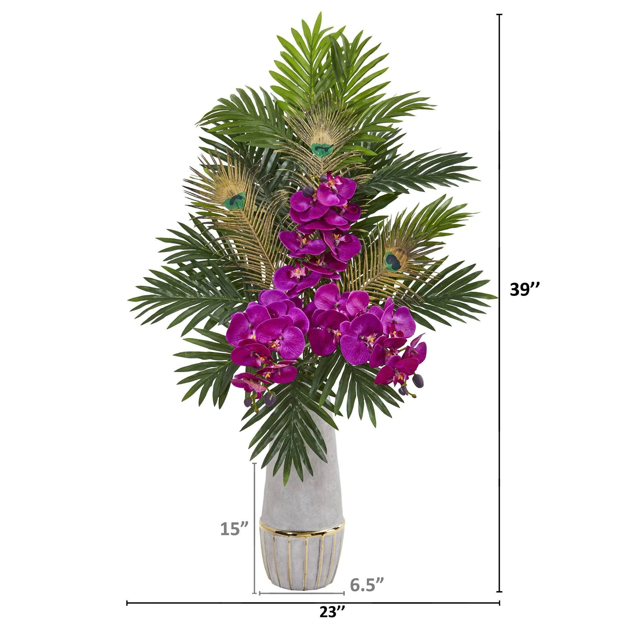 Phalaenopsis Orchid and Peacock Feather Artificial Arrangement - Image 2