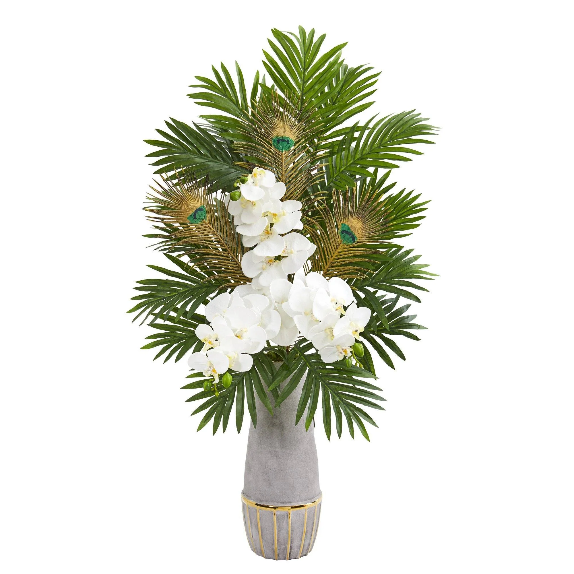 Phalaenopsis Orchid and Peacock Feather Artificial Arrangement - Image 3