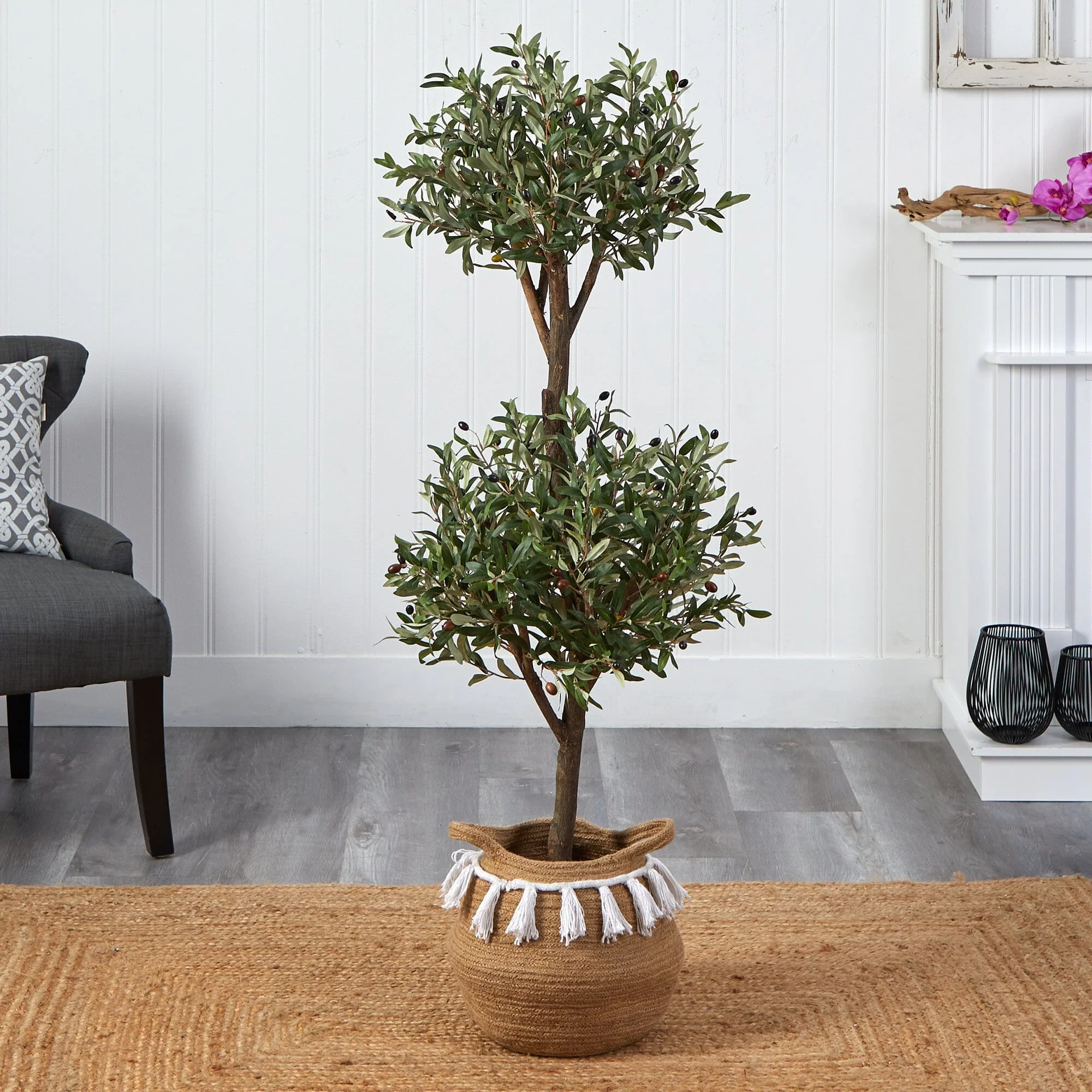 4.5' Artificial Olive Double Topiary with Handmade Jute & Cotton Basket with Tassels - Image 2