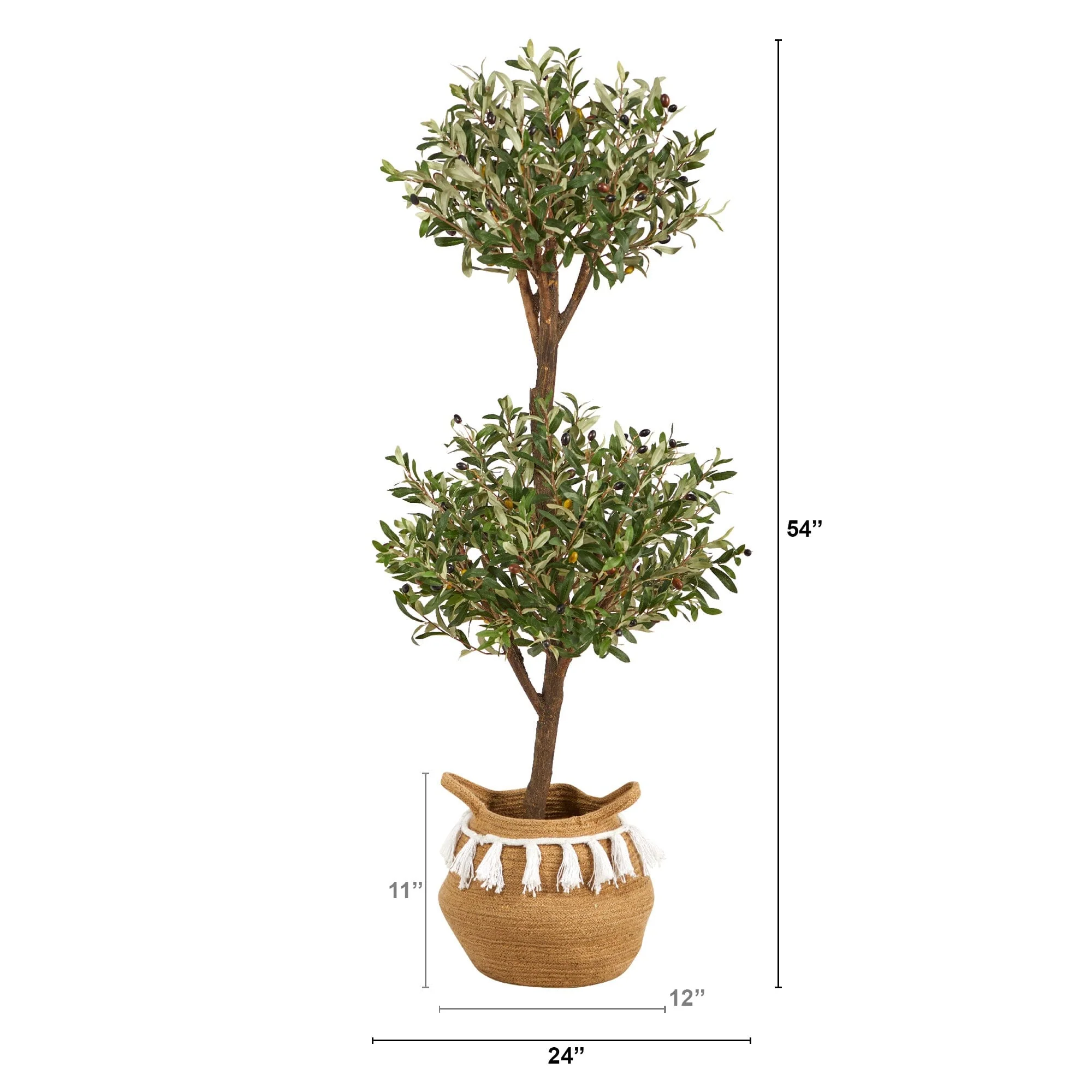 4.5' Artificial Olive Double Topiary with Handmade Jute & Cotton Basket with Tassels - Image 3