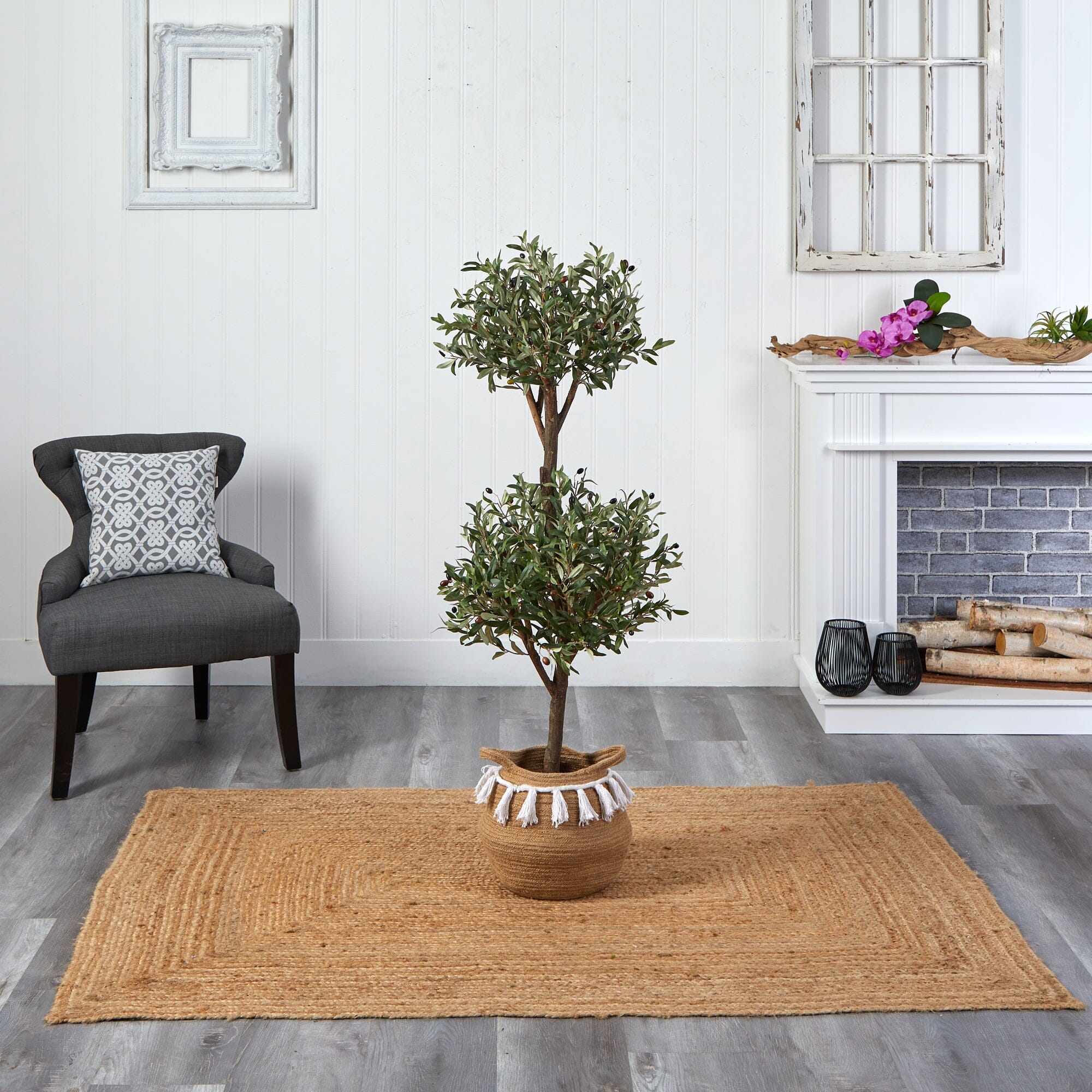 4.5' Artificial Olive Double Topiary with Handmade Jute & Cotton Basket with Tassels - Image 4