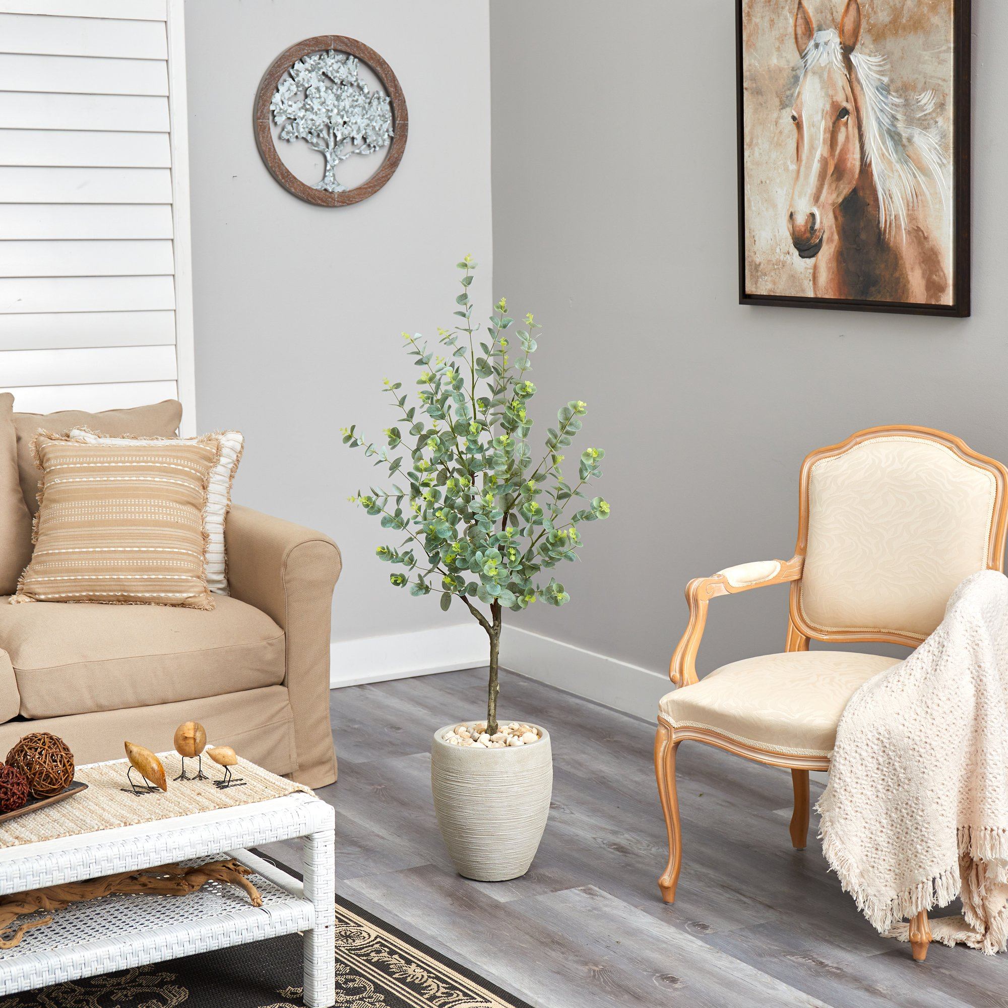 4.5’ Eucalyptus Artificial Tree in Sand Colored Planter - Image 4