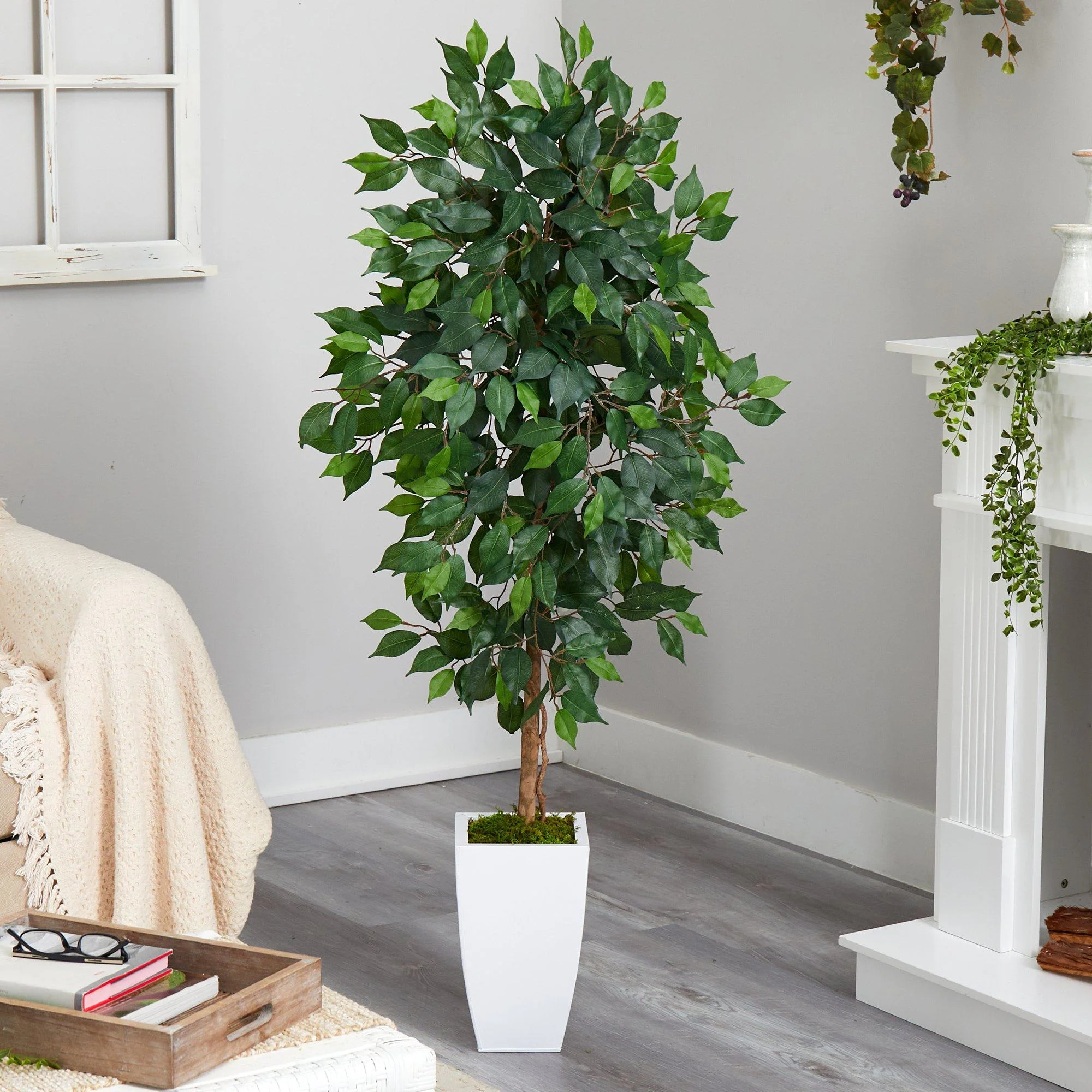 4.5’ Ficus Artificial Tree in White Metal Planter - Image 3