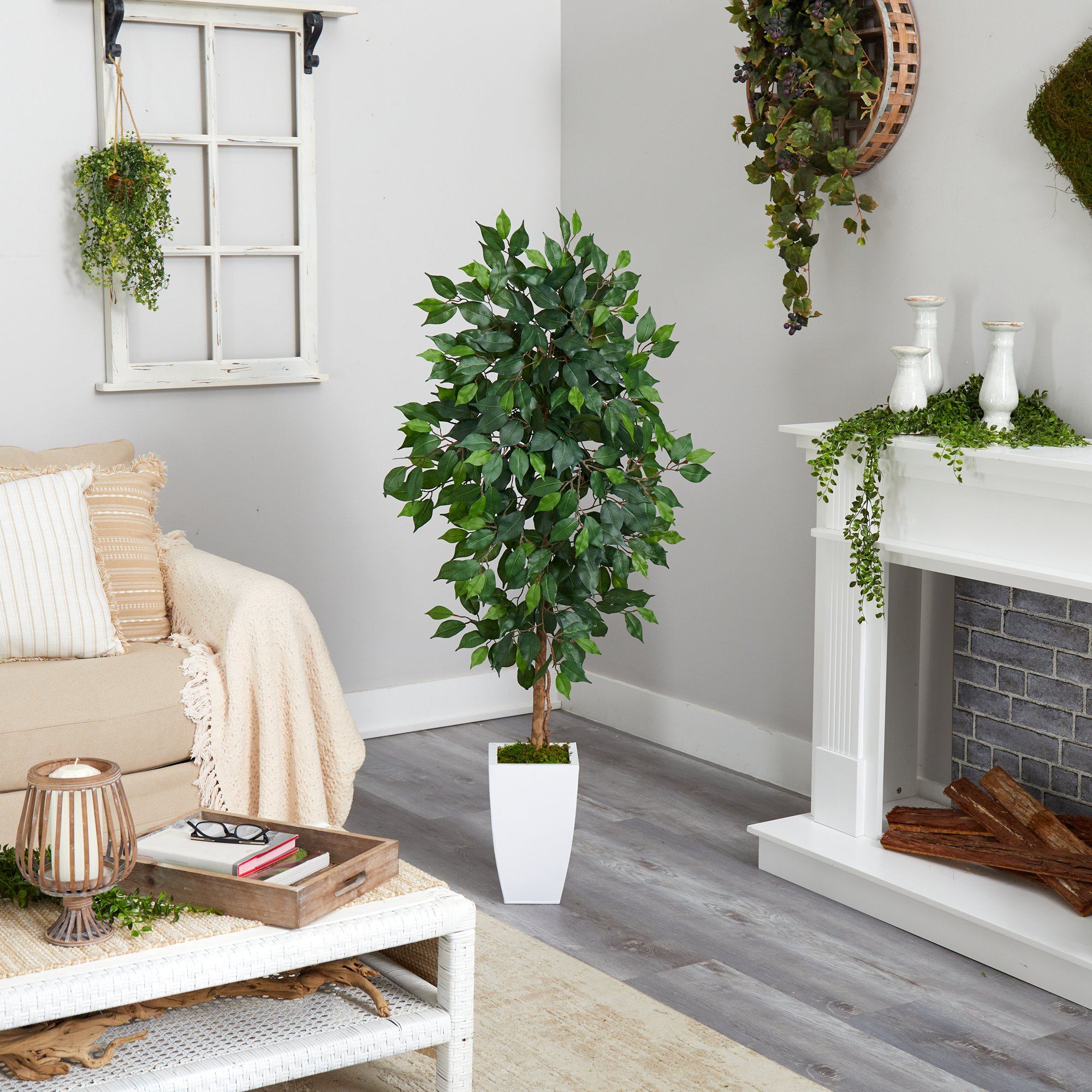 4.5’ Ficus Artificial Tree in White Metal Planter - Image 4